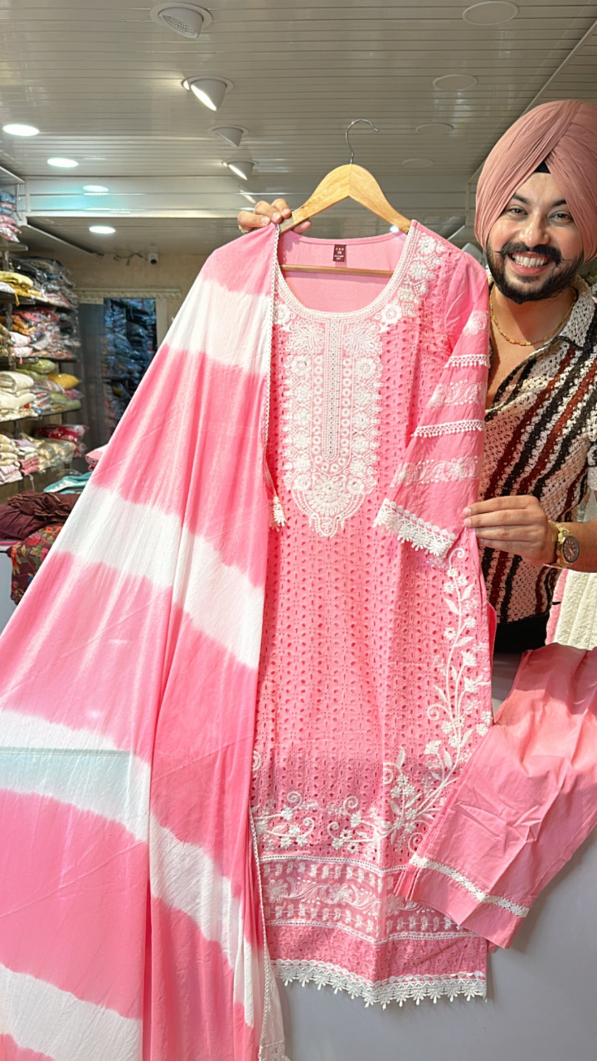 Rose pink Pure cotton Heavy Embroidered Pakistani Suit with Tie & dye Duppata