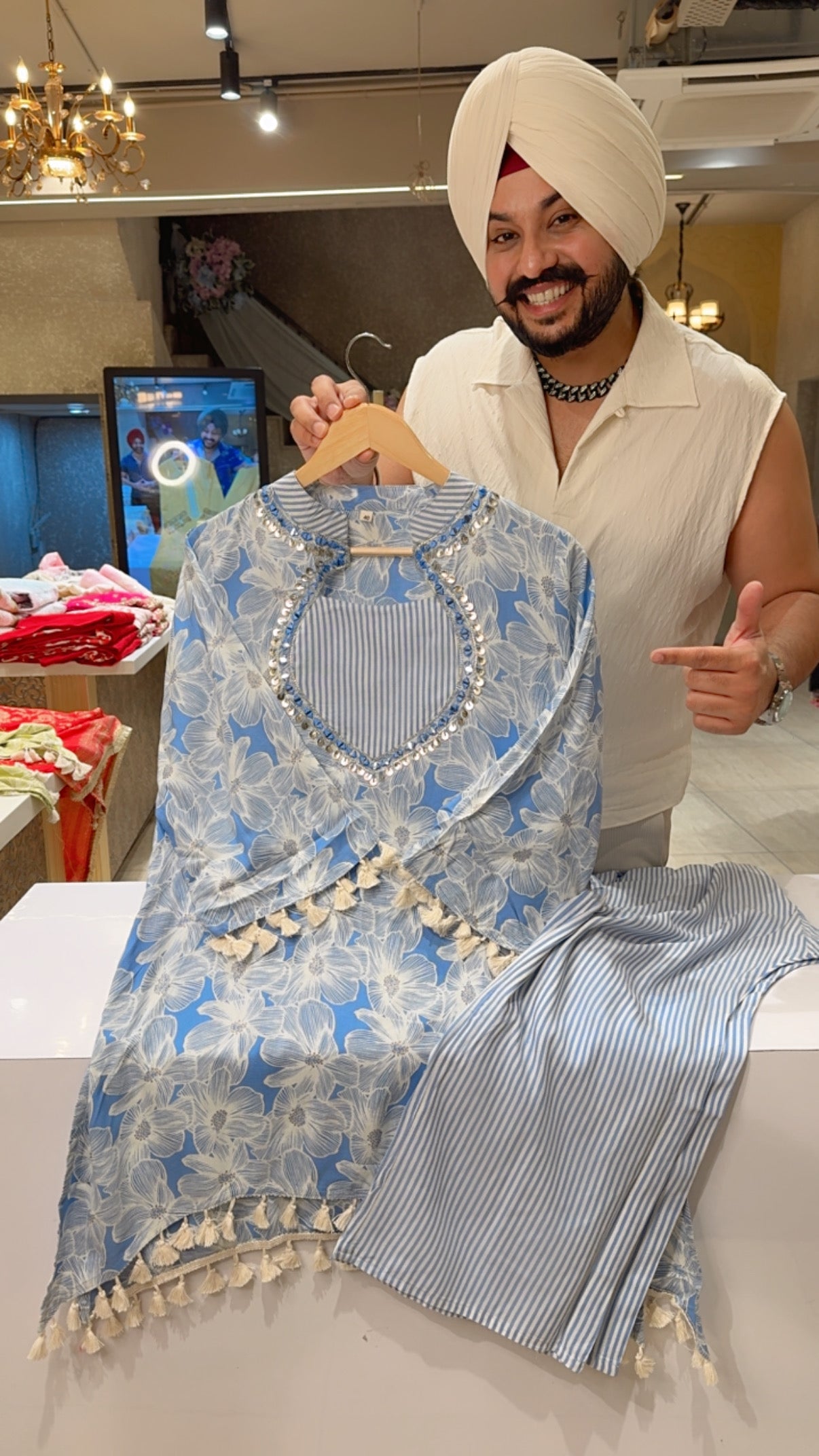 Powder Blue Rayon C-Cut Designer Neck Long Length Coord set with Beautiful Mirror Work On it