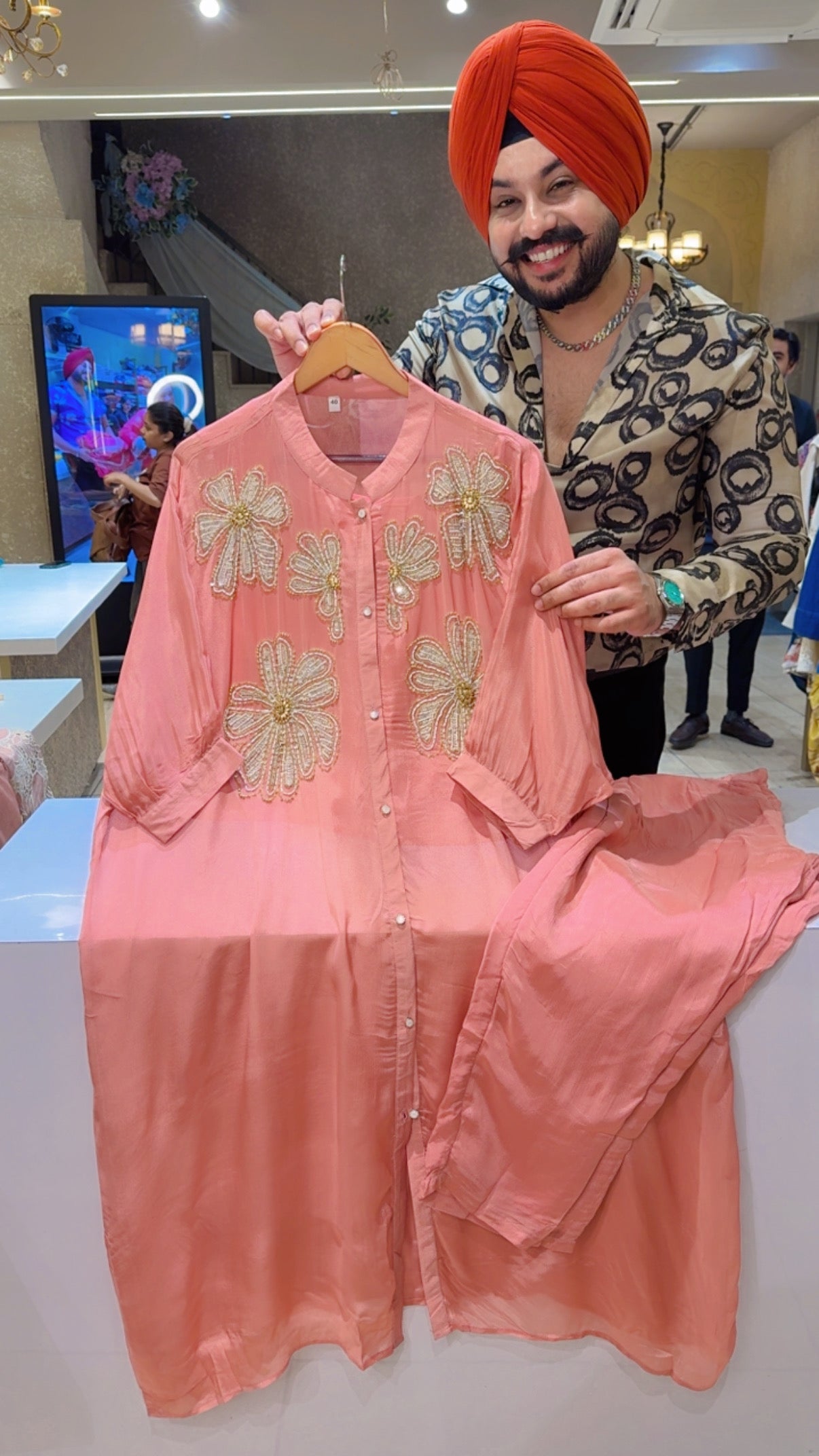 Peachish Pink Chinon Hand Embroidered Baggy Party Wear Coord set