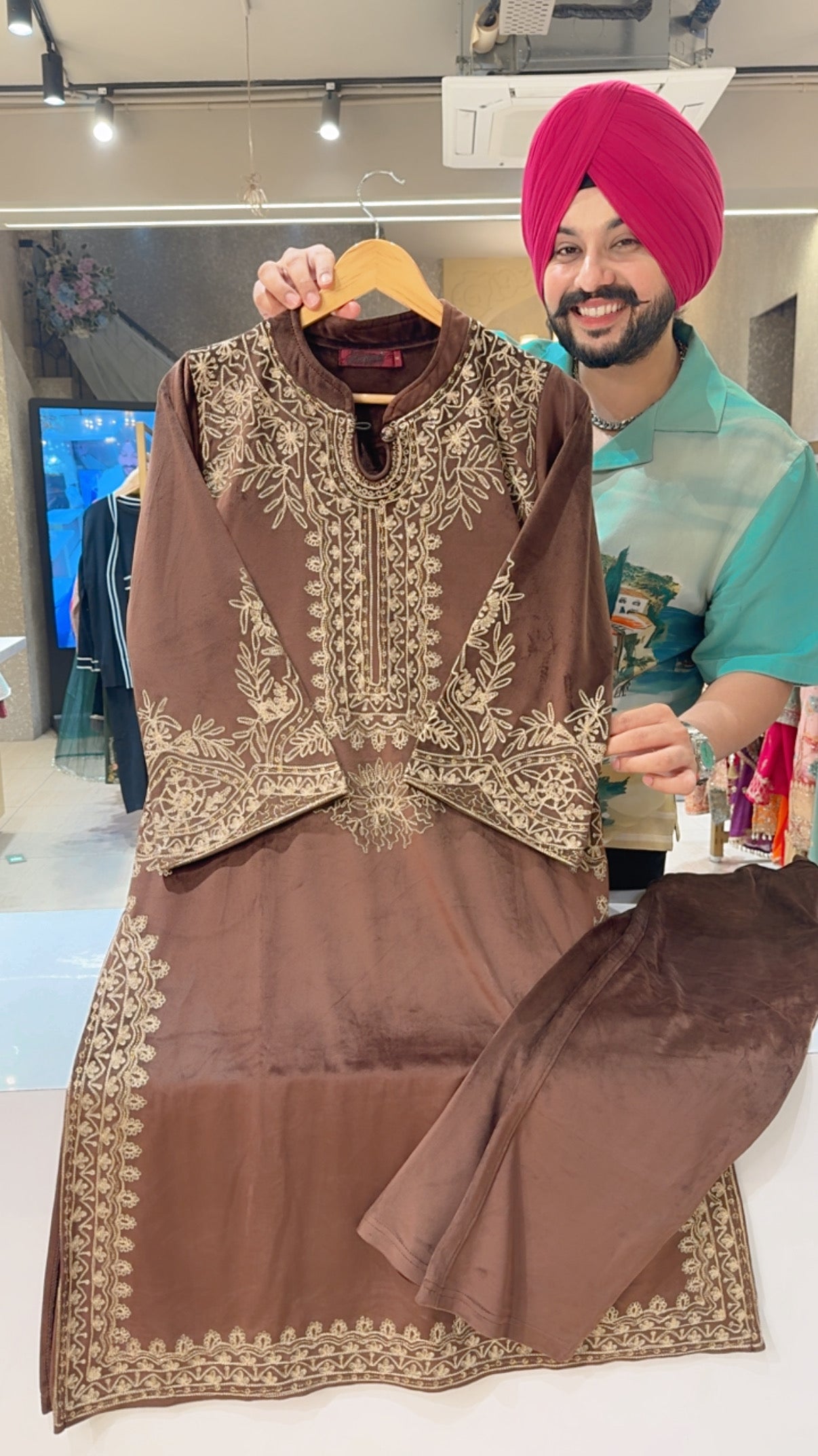 Brown Stretchable Premium Velvet Heavy Embroidered Kashmiri Long Length Coord set