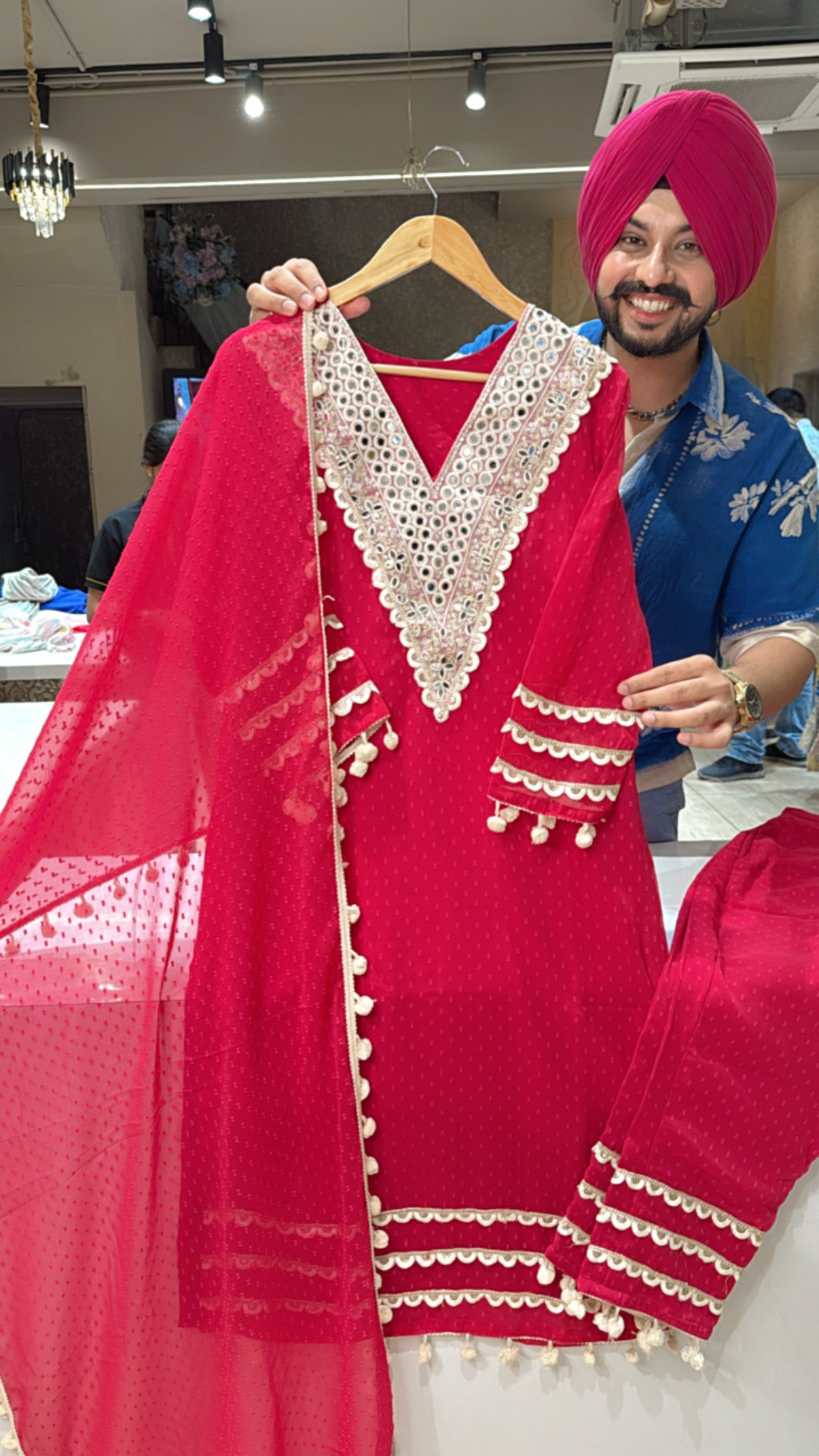 Hot Pink Georgette Party wear Pom-Pom Suit with Heavy Mirror Work on neck