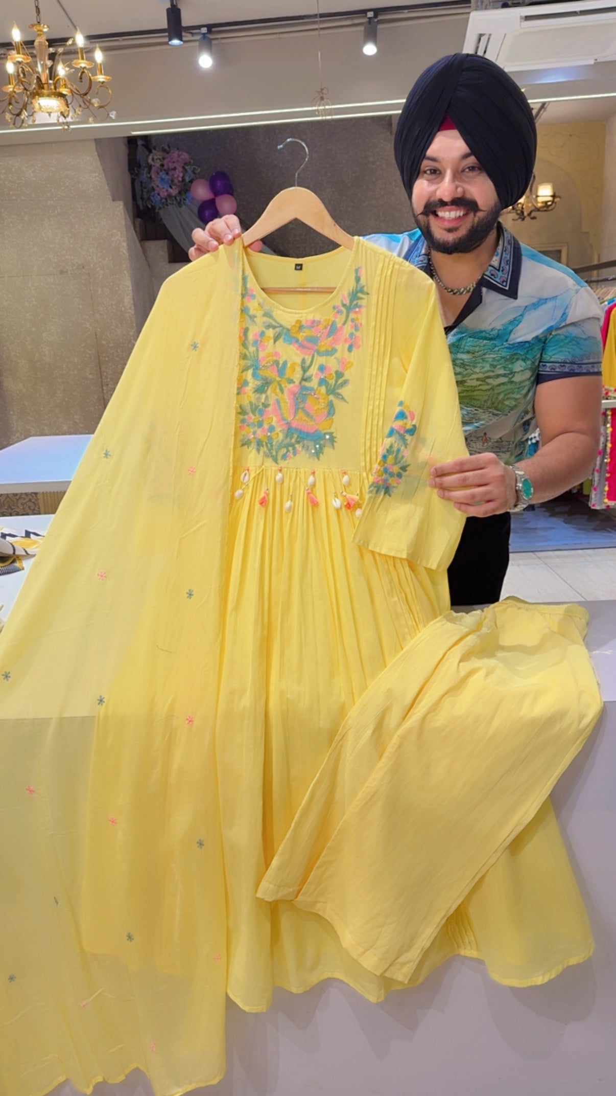Lemon Yellow Mal Cotton Embroidered & Shell Hangings A-line Semiformal Suit