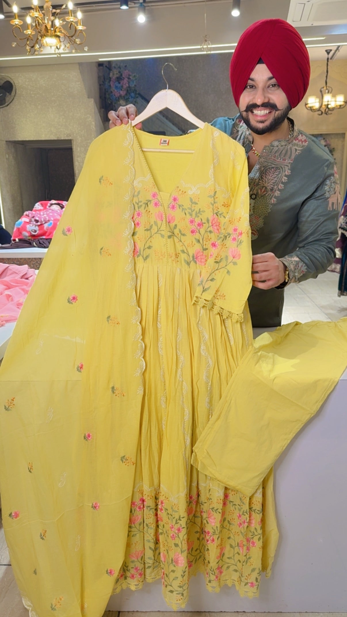 Lemon Yellow Premium Mal Cotton Fully embroidered Full Flair Anarkali suit