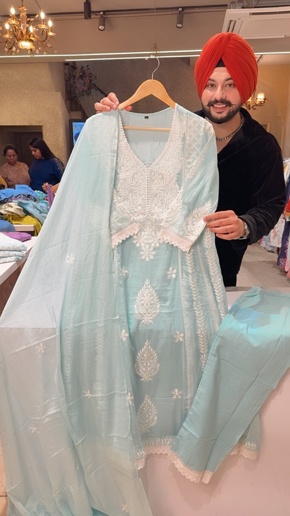 Sea Blue Mal Cotton Embroidered Semi Formal A-line Suit with Mal cotton Duppata