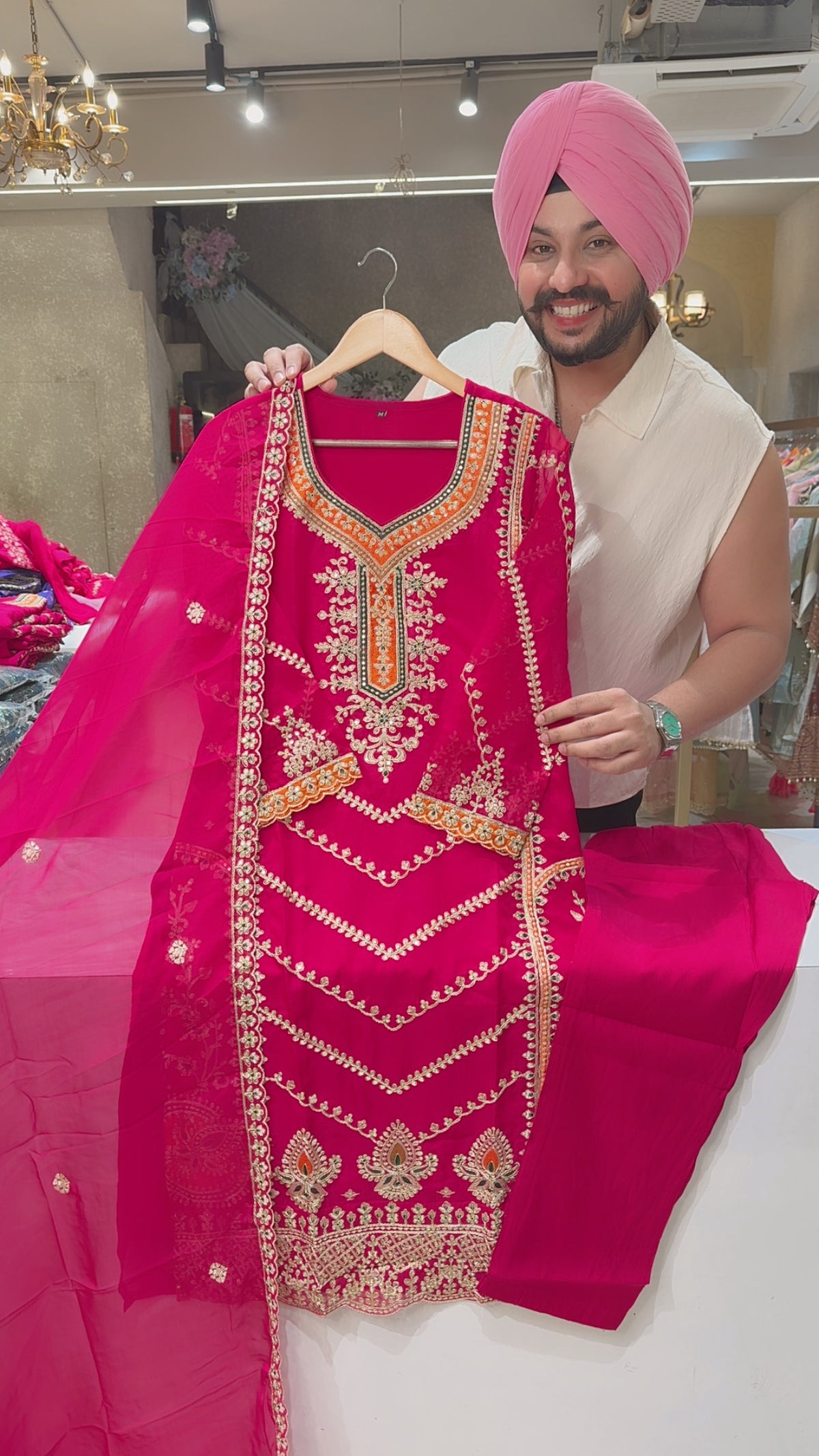 Rani Pink Fully embroidered Party wear Straight suit with Beautiful Duppata