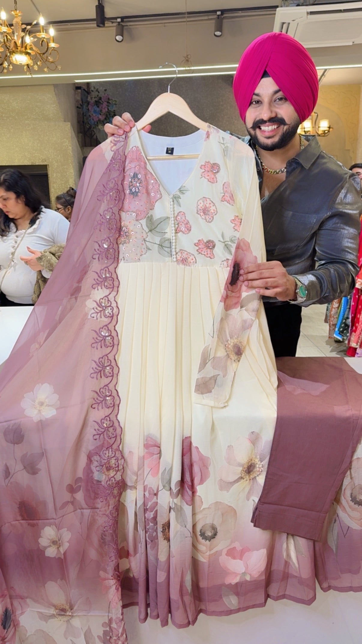 Cream & onion Chiffon Floral print Full Flair Anarkali Suit with Hand Embroidery work on neck & Organza Duppata