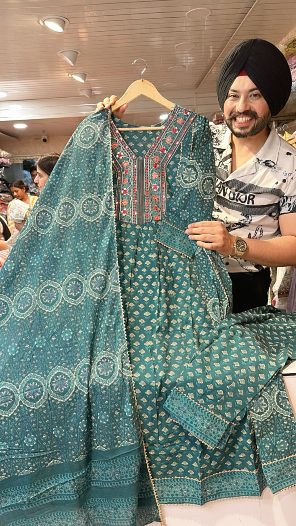 Teal Pure cotton Embroidered neck Anarkali Suit