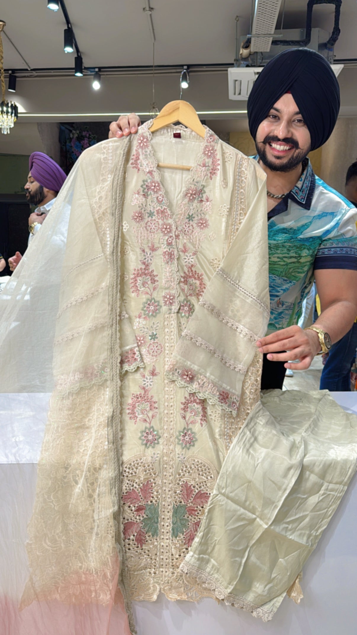 Nude Beige Chinon Heavy Embroidered & Cut Work Kashmiri suit