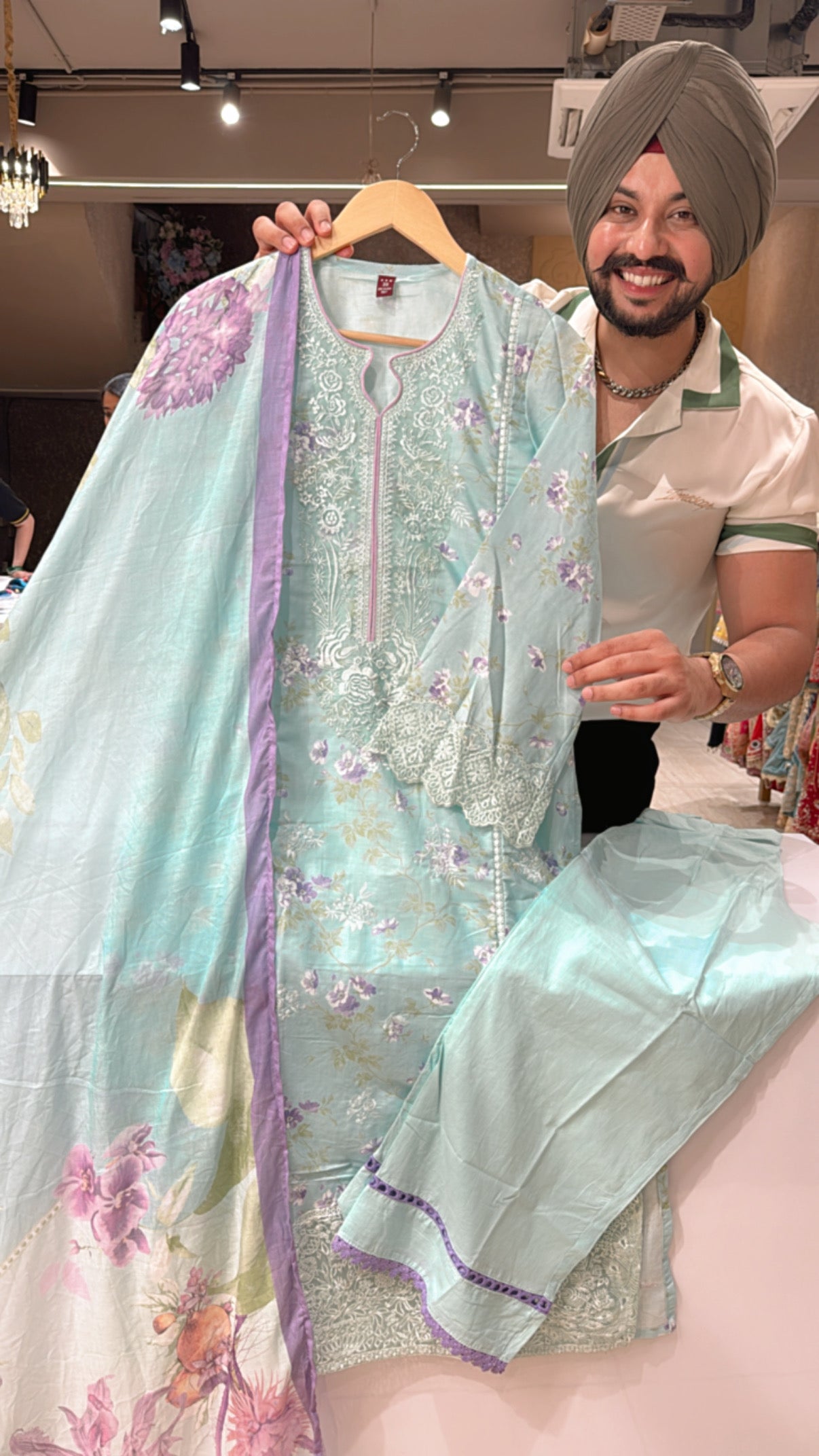 Pure Cotton Floral print Heavy Embroidered Kashmiri Suit with Mal Mal Duppata