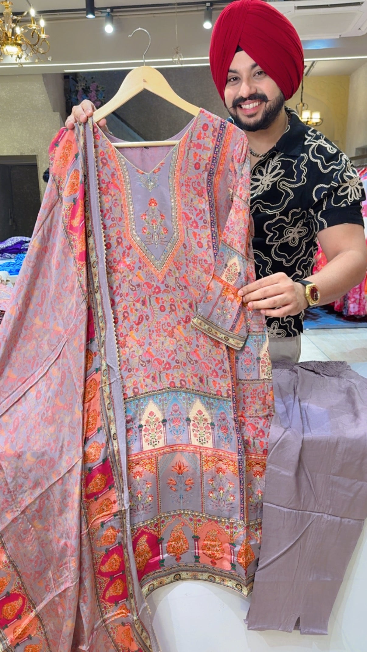 English Mauve Crepe digital Print party Wear Suit with Hand embroidery Work on neck
