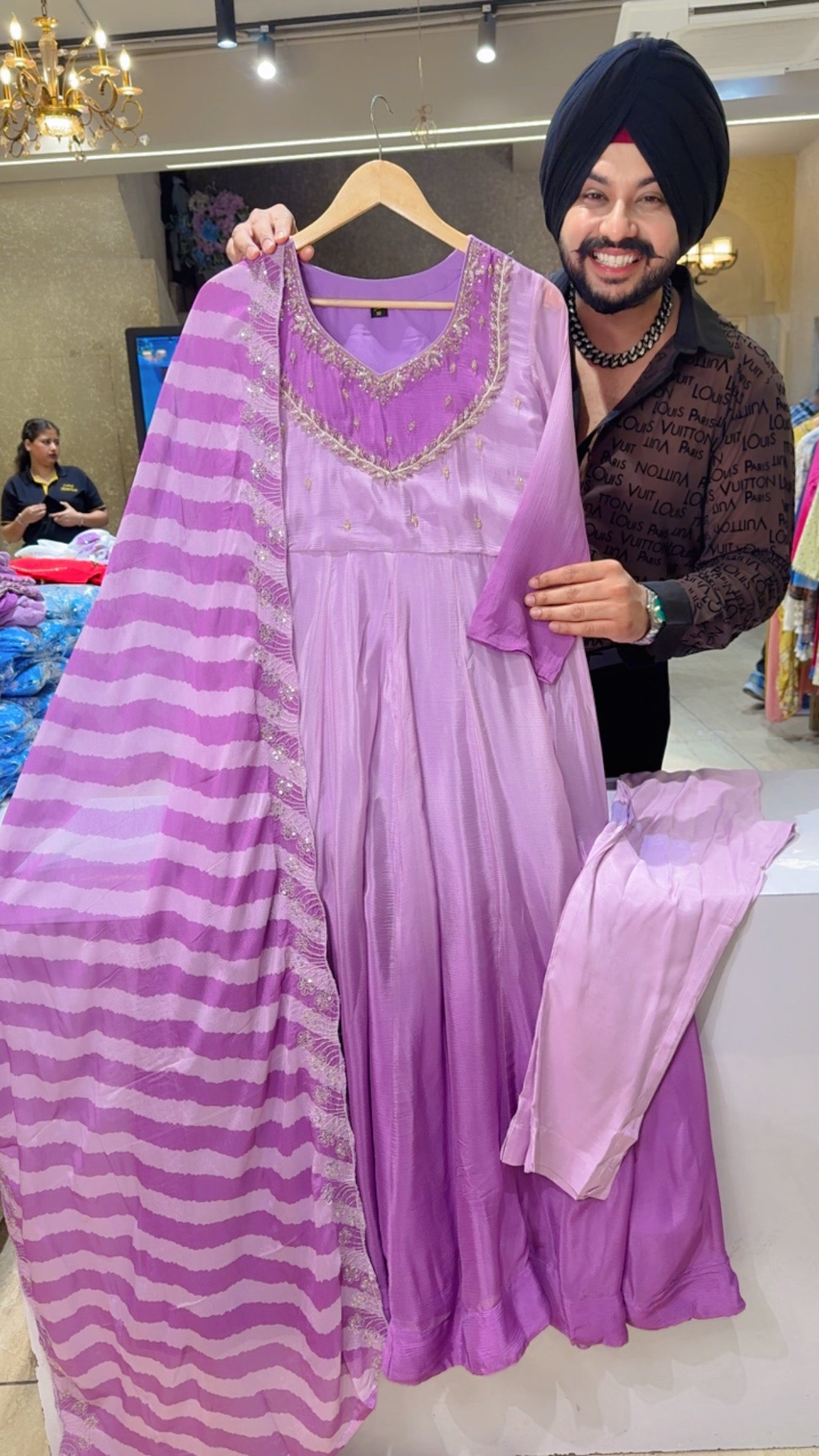 Lilac Chinon Hand embroidered Party Wear Anarkali Suit