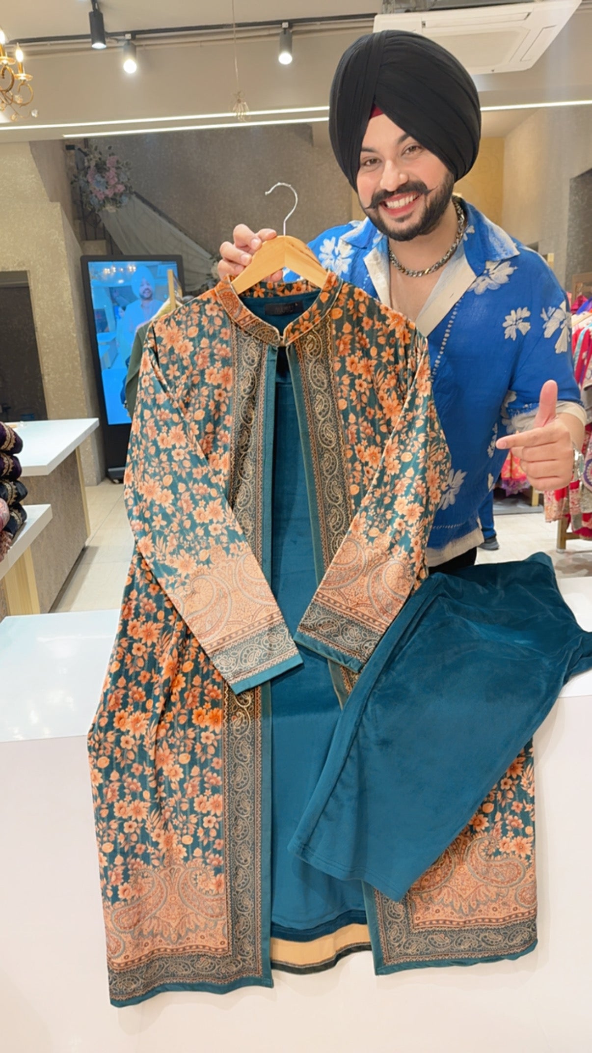 Peacock Stretchable Velvet long Length Coord set with Stylish Velvet Shrug