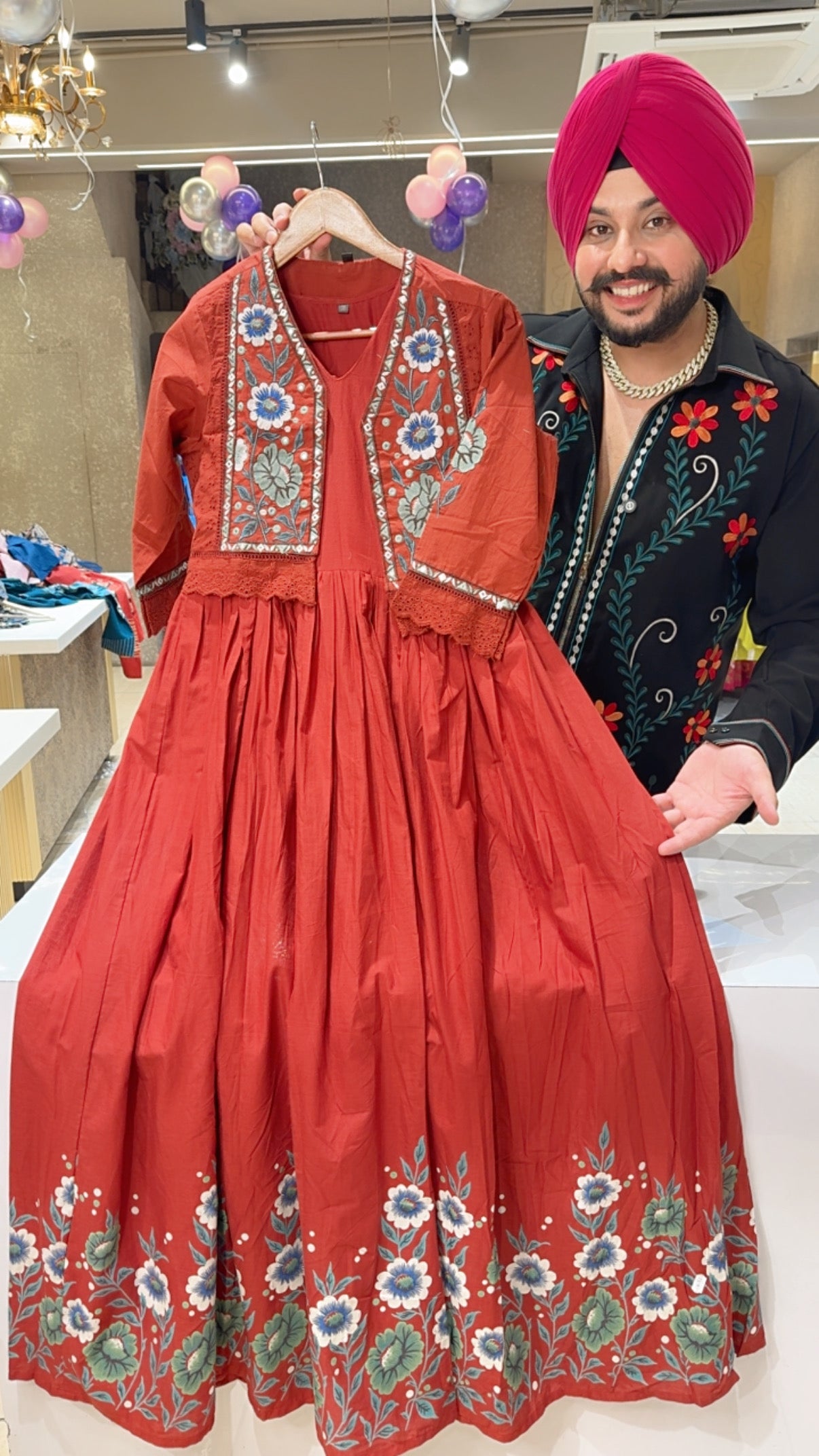 Rust Pure Cotton Full Flair Indowestern Dress with stylish Embroidered Short jacket
