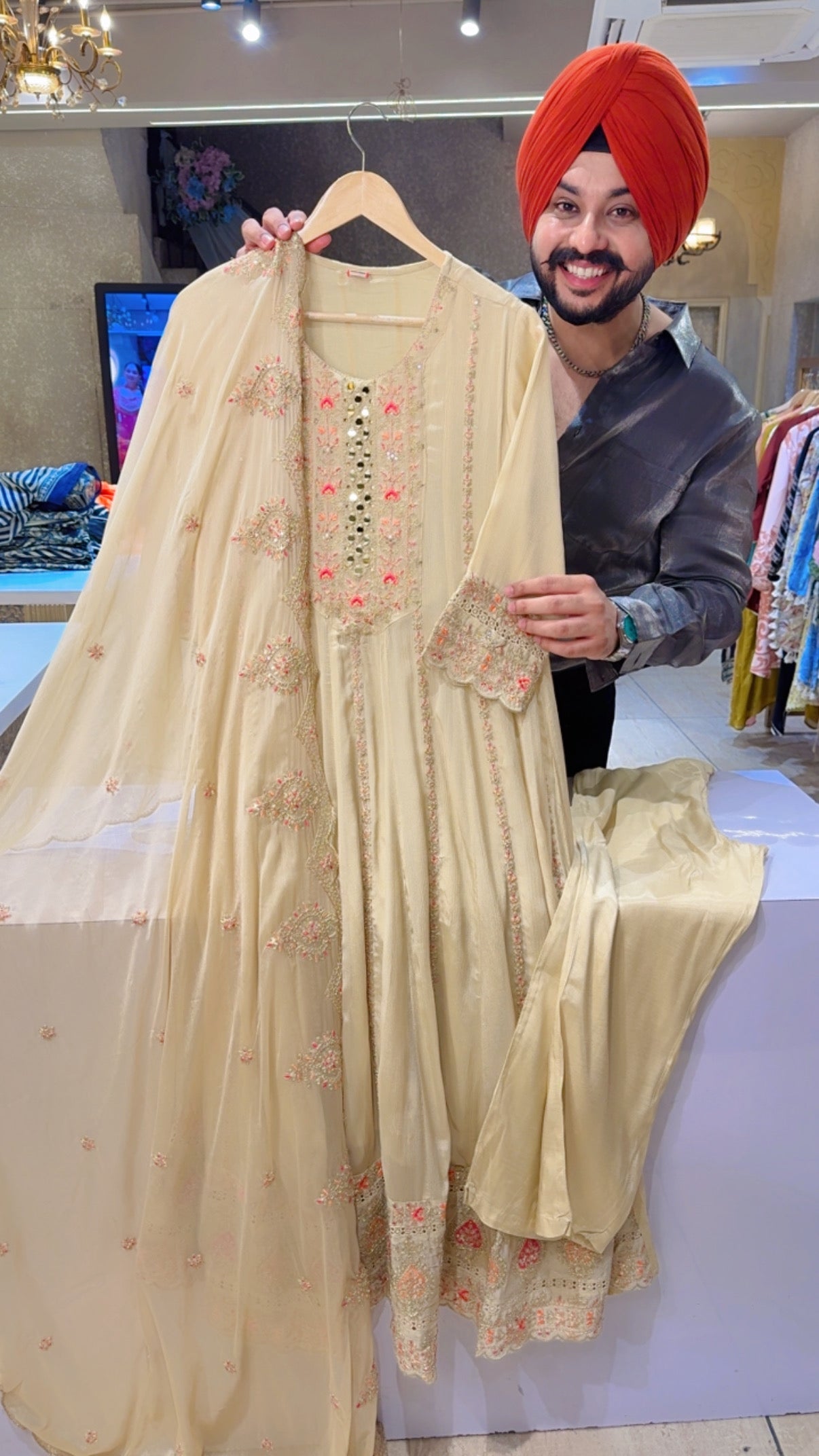 Goldenish Beige Chinon Full Flair Fully Embroidered Party Wear Anarkali suit