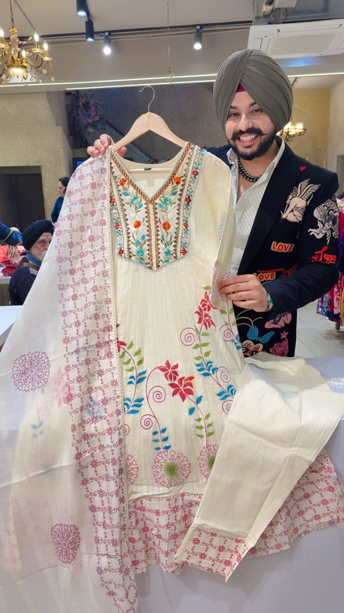 Off White Jaquard Kora Cotton Embroidered & Hand painted Anarkali Suit with Beautiful Duppata