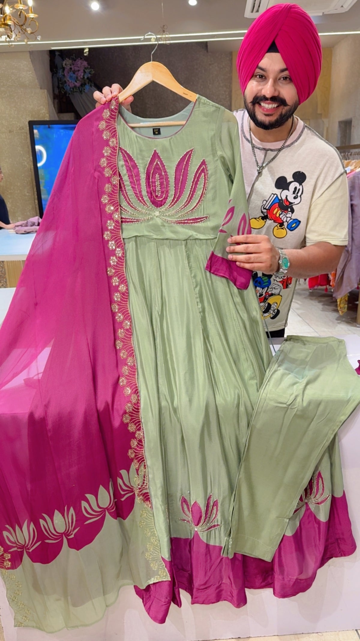 Pastel Green & Light Wine Chinon Lotus print Hand & Pearl Embroidered Full Flair Anarkali Suit