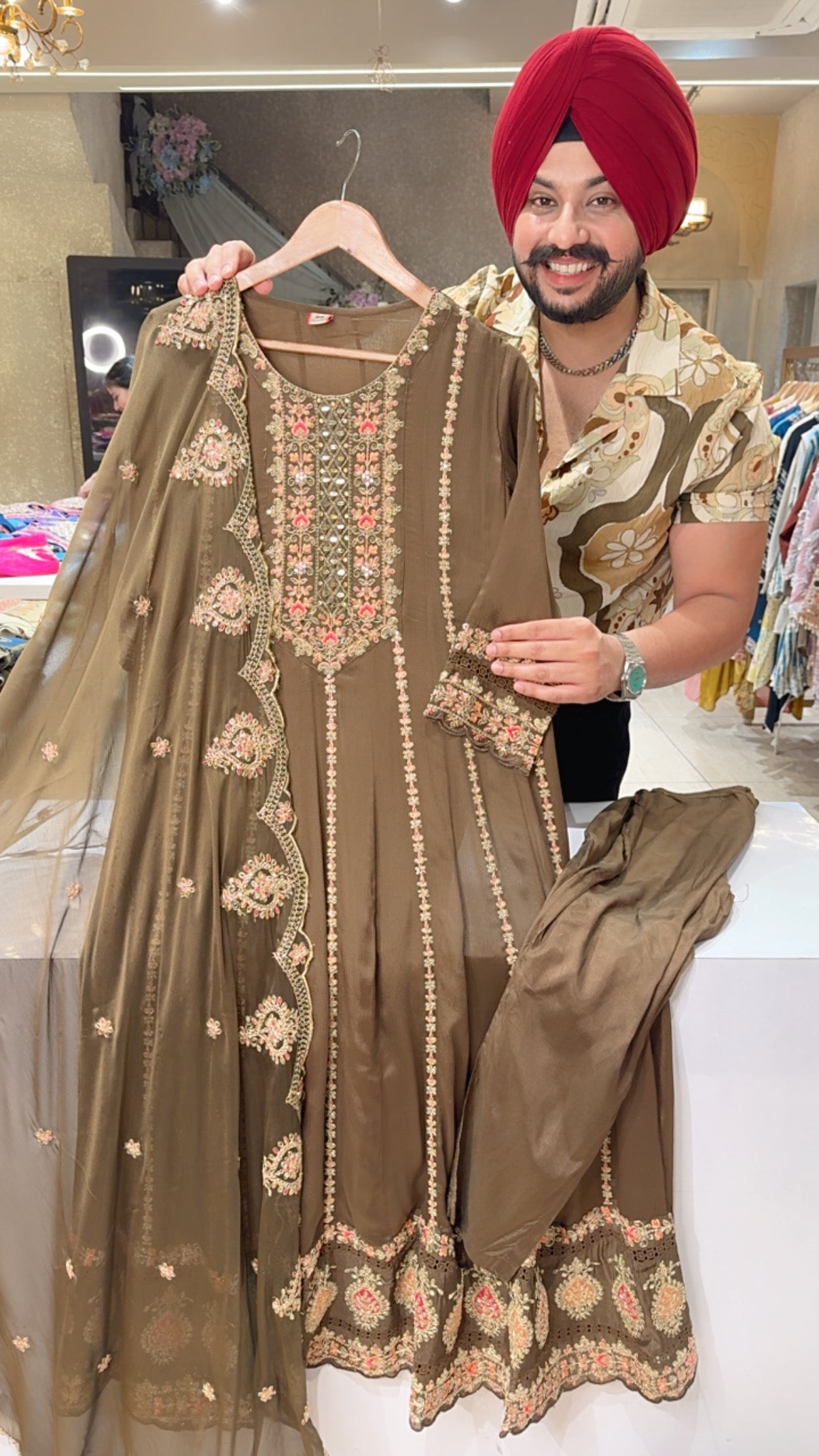English Brown Chinon Full Flair Fully Embroidered Party Wear Anarkali suit