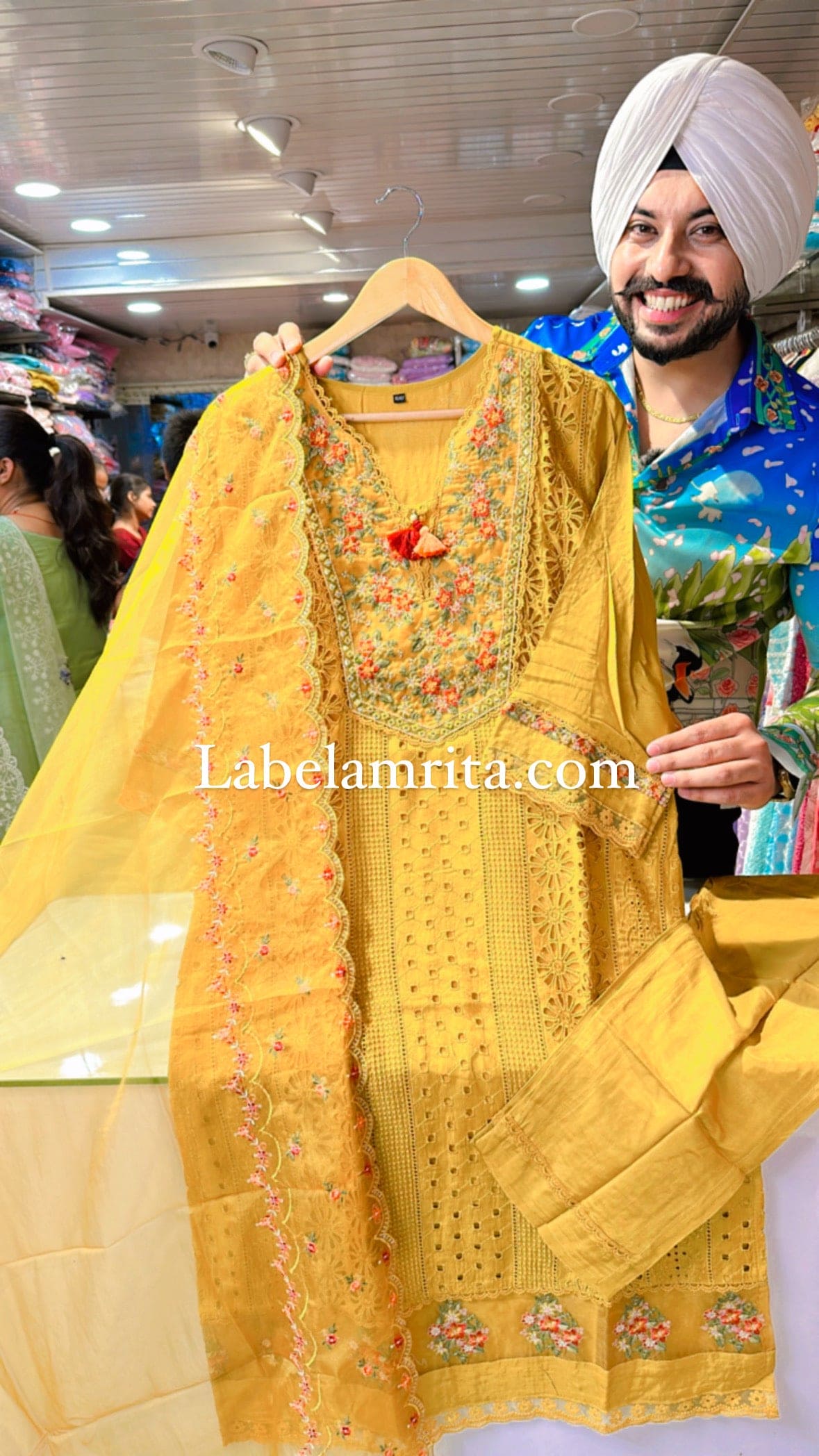 Mustard yellow Muslin silk Embroidered Pakistani suit with Beautiful Organza Duppata