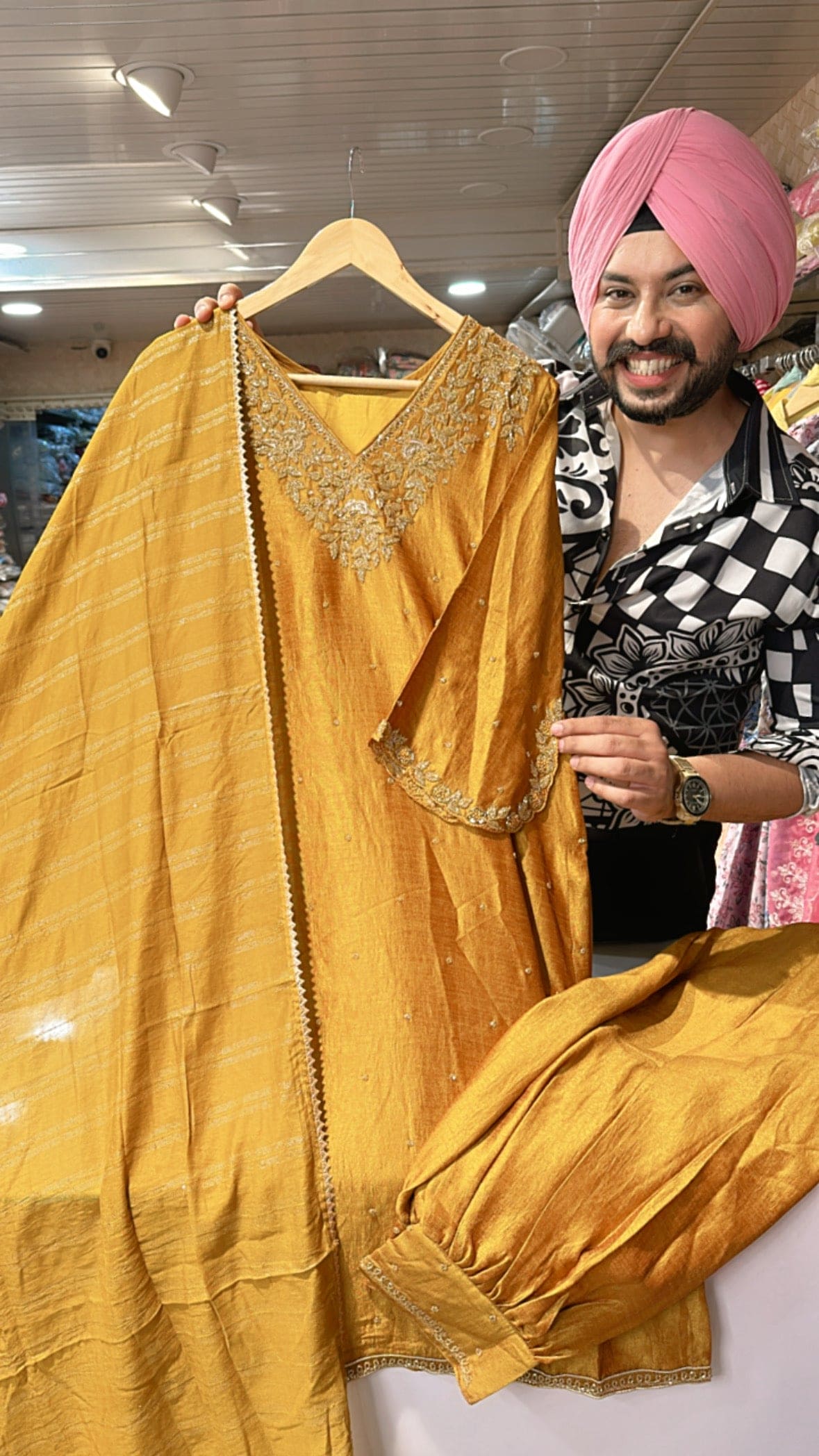 Goldenish yellow Soft silk Hand work suit with Pathani Pants