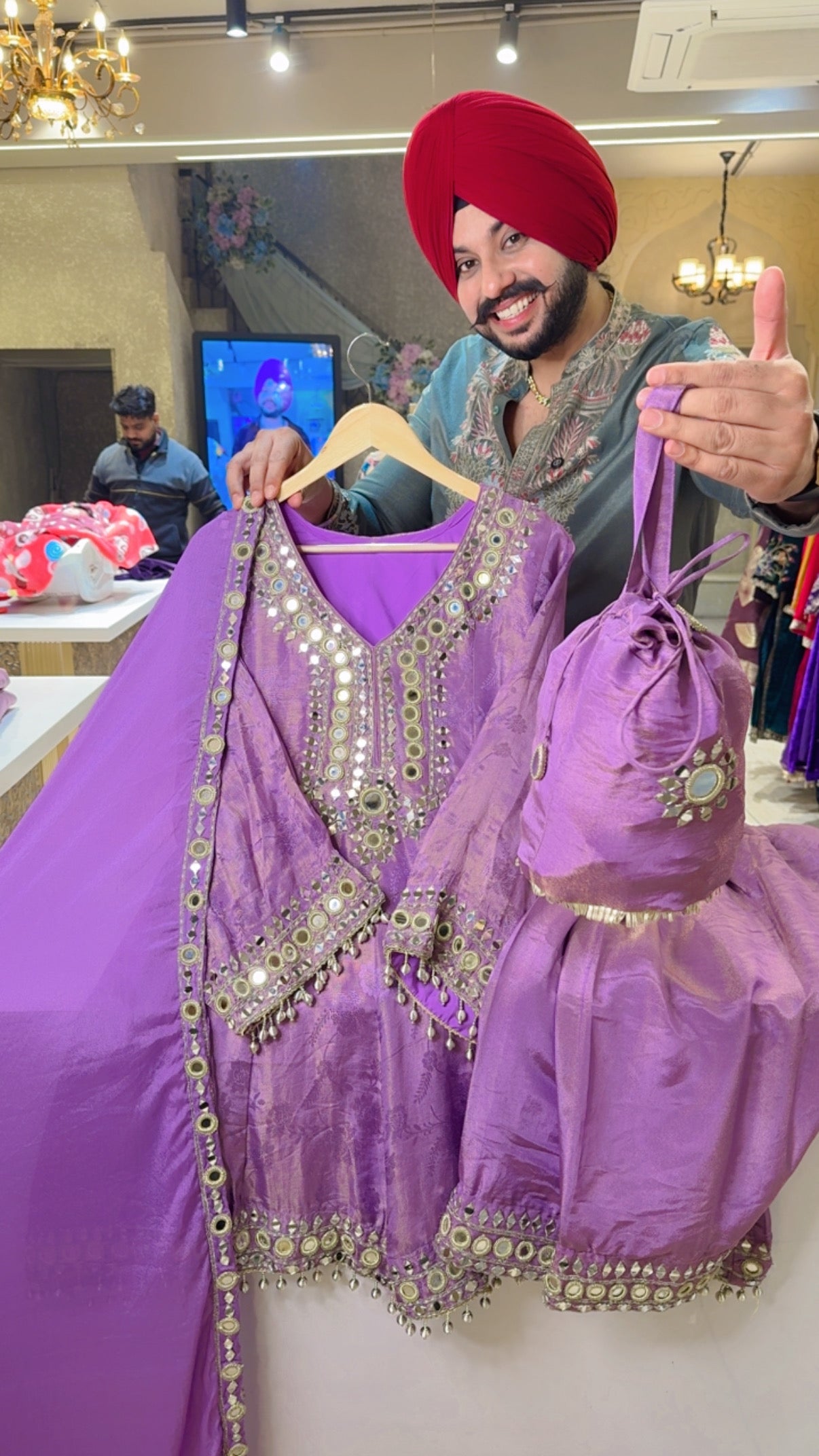 Lavender Textured Shimmer Silk Heavy Mirror Work Full Flair Farshi Salwar Suit with Cute Potli IN