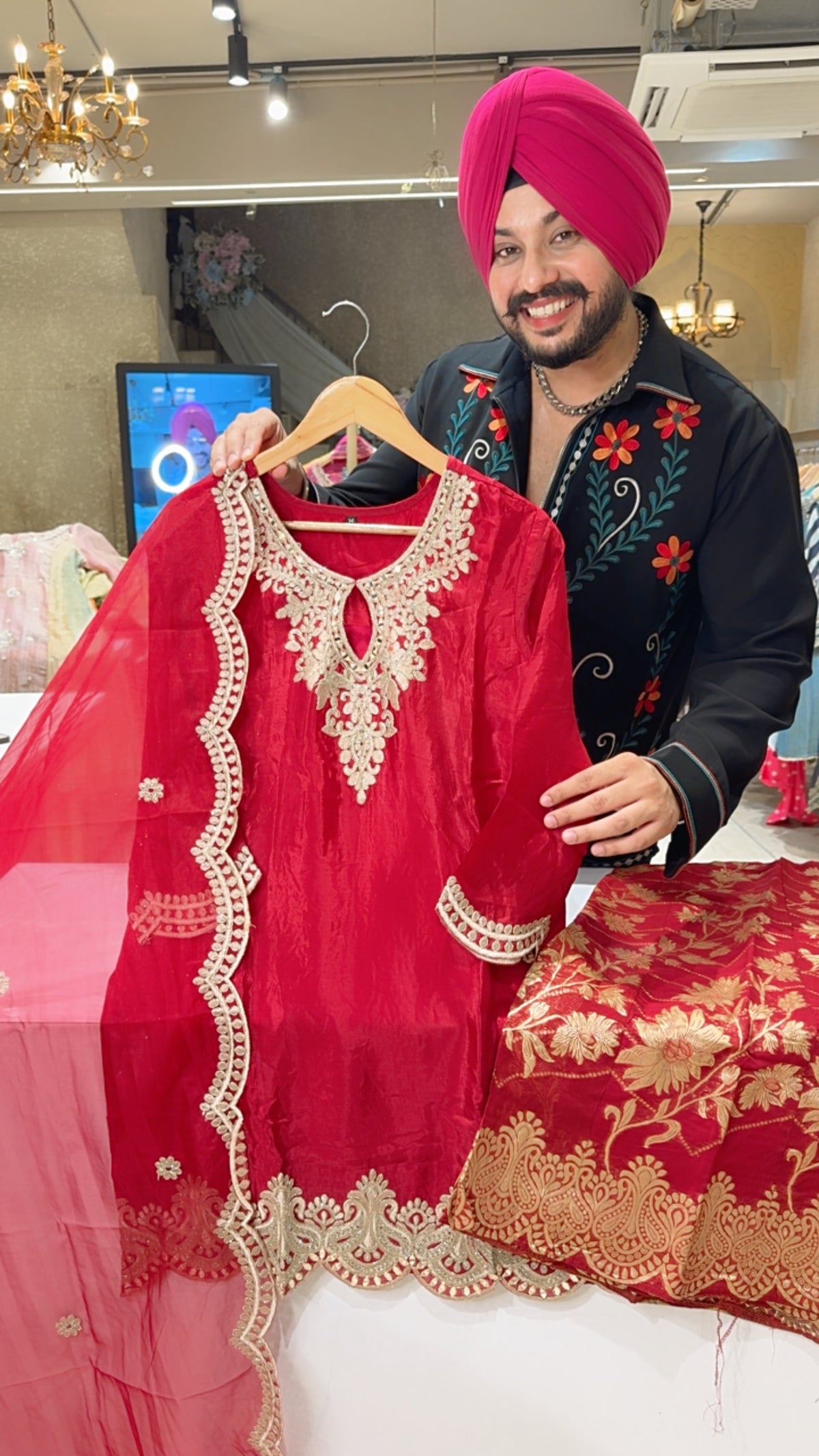 Anaari Red Soft Silk Embroidered Karwa special Suit with Brocade Sharara