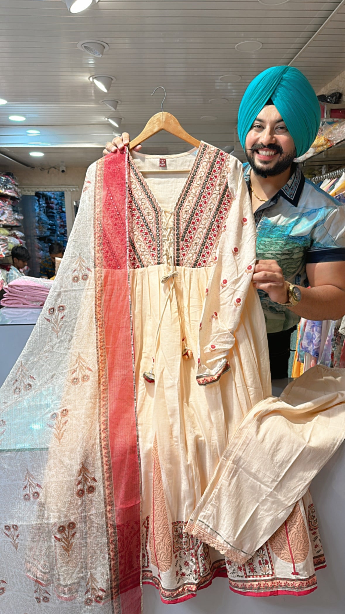 Peach Mal Cotton embroidered Anarkali suit with Beautiful Kota Doria Duppata