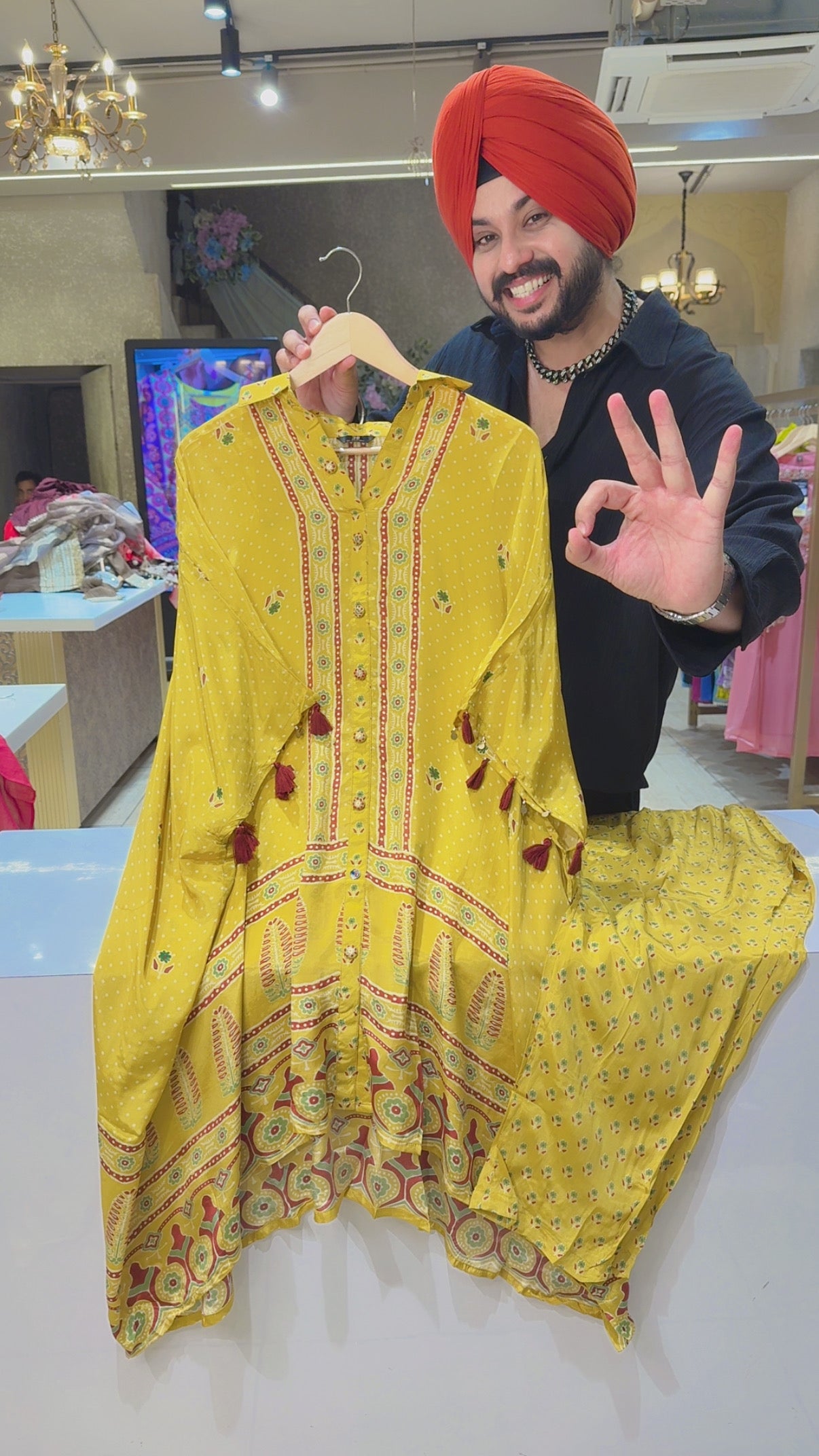 Yellow Crepe Stylish Kaftan Baggy Coord set