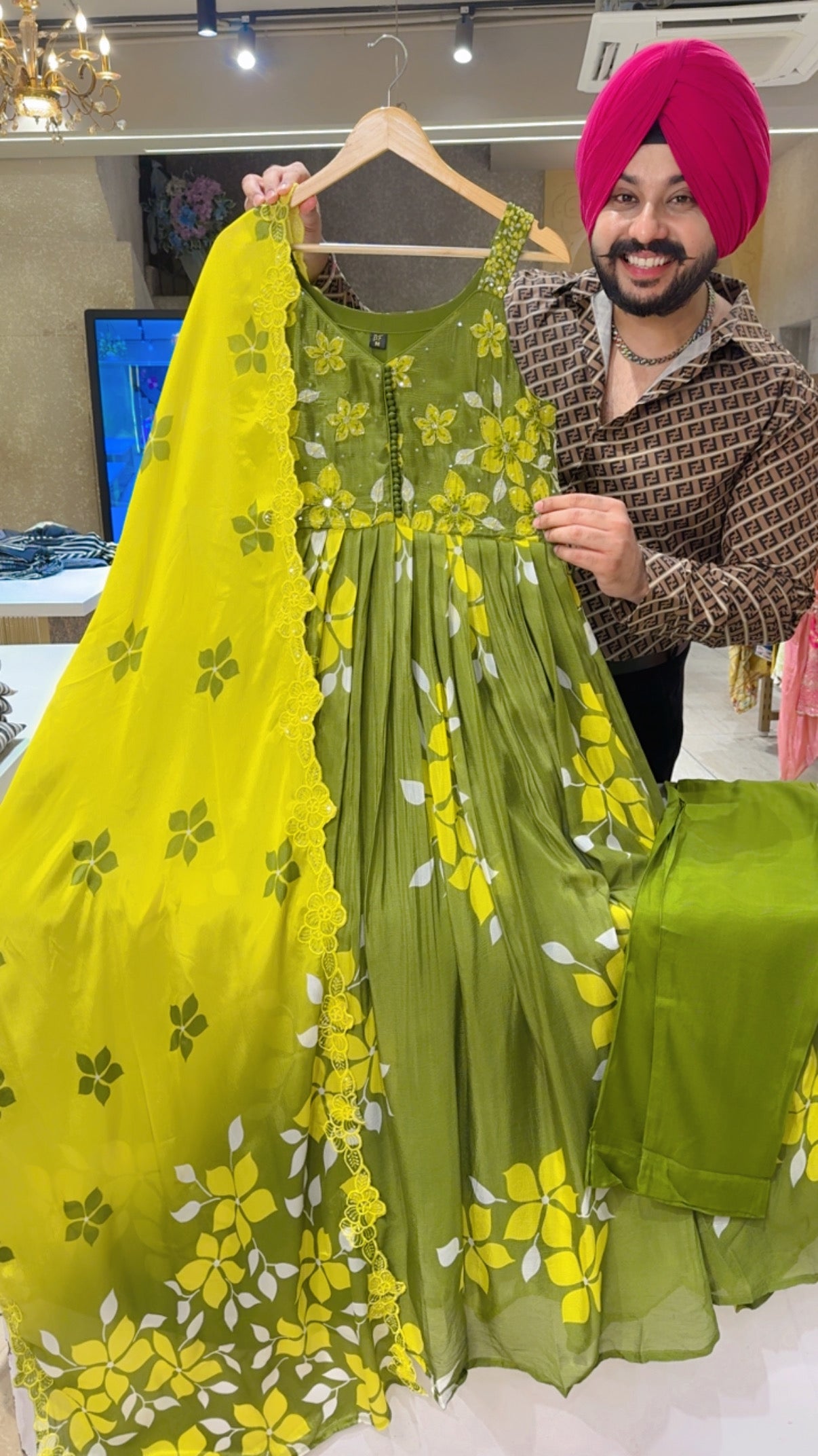 Green Premium Chinon Hand Embroidered Cutsleeves Party Wear Anarkali suit with Beautiful Sequins Work Duppata