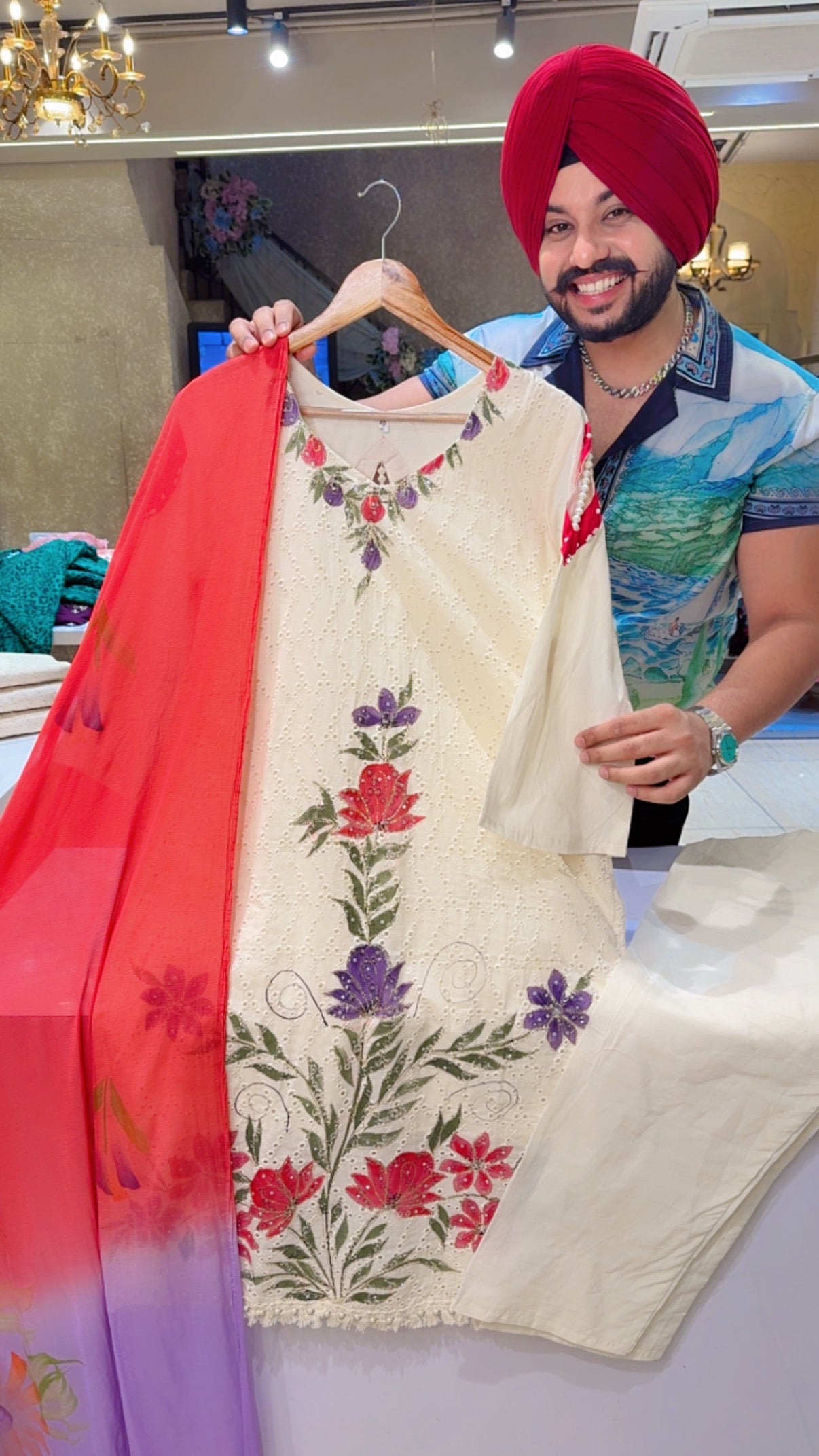 Off White & Multicolored Kora Cotton Hand painted & Embroidered Indowestern Suit with designer Sleeves & Back