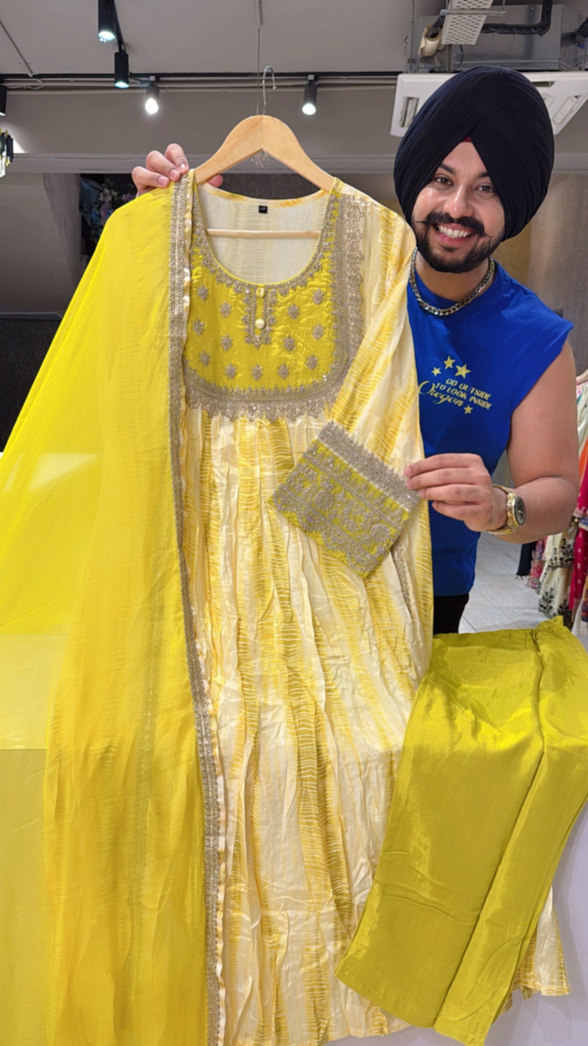 Cream & yellow Crepe Tie & Die Aline suit with Beautiful Chiffon Duppata