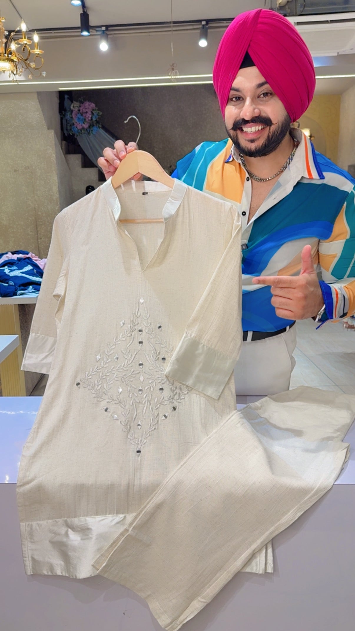 Off White Soft khadi Office Wear Coord set with Beautiful Mirror Embroidery Work on it