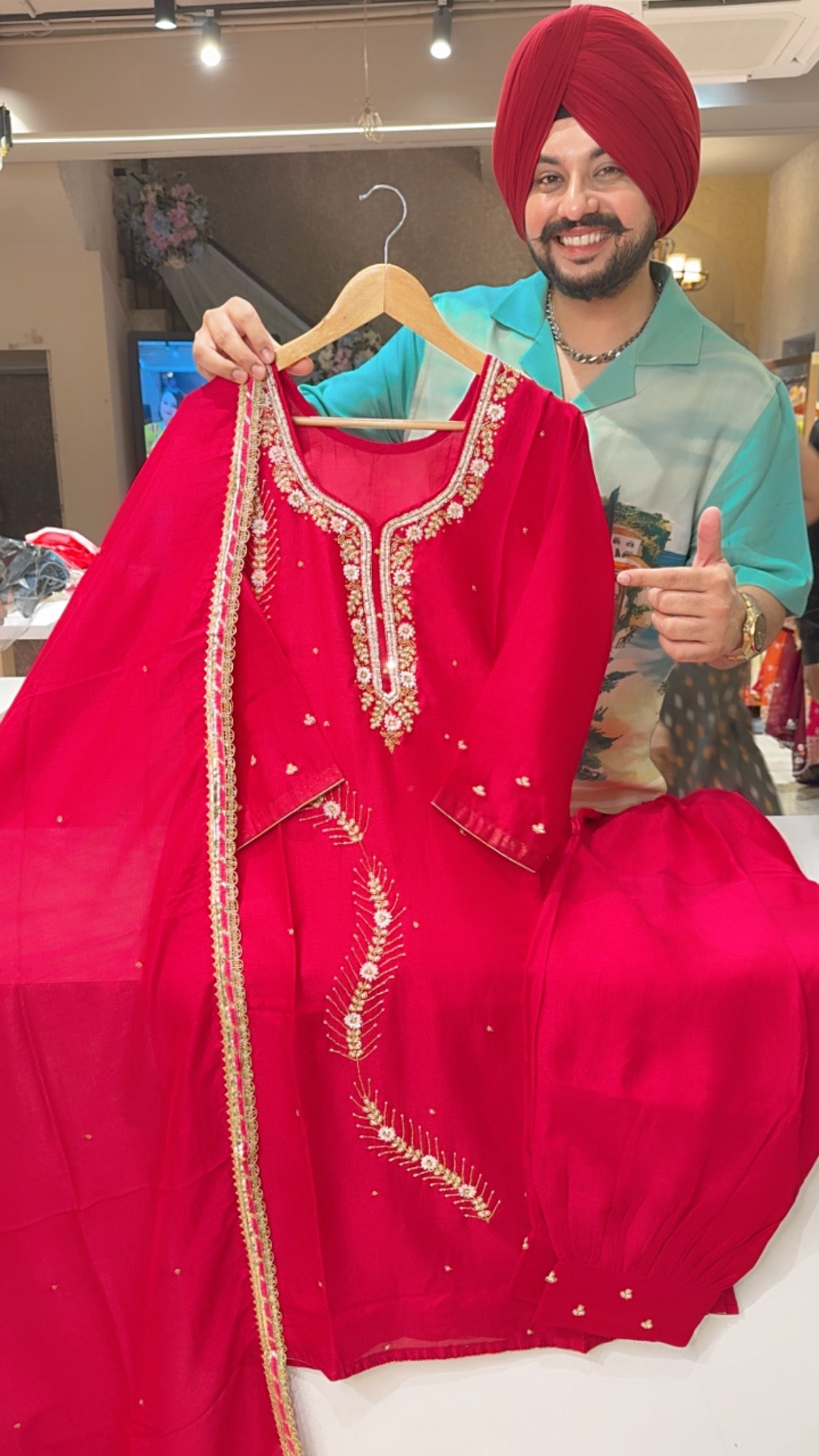 Rani pink  Chinon Hand embroidered Pathani suits with Beautiful Duppata