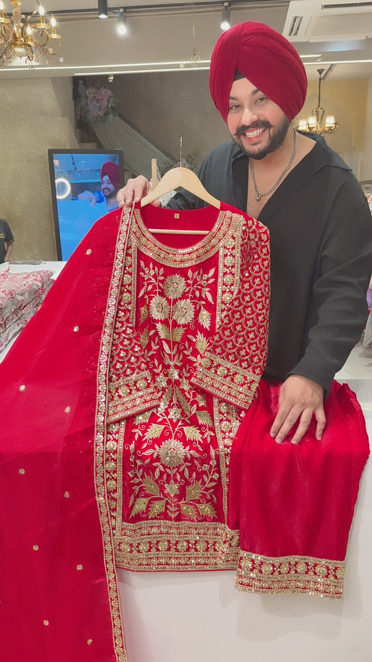 Red Glass Tissue Fully Embroidered & Sequins Work Party Wear Straight Suit