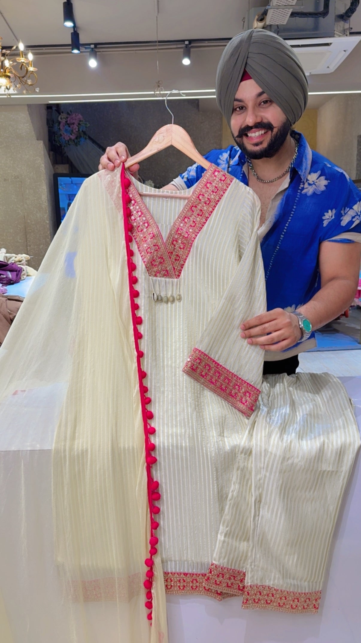 Ivory Colour Shimmer Silk Embroidered Party wear Suit with stylish Pom Pom Duppata