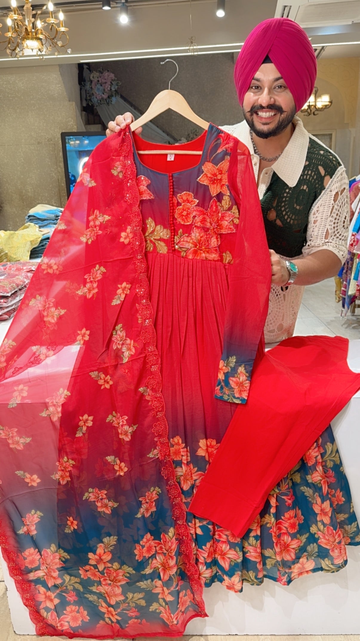 Deep Red Chiffon Full Flair Floral Print Anarkali Suit with Beautiful Hand embroidery Work on neck & Sequins Work Organza Duppata
