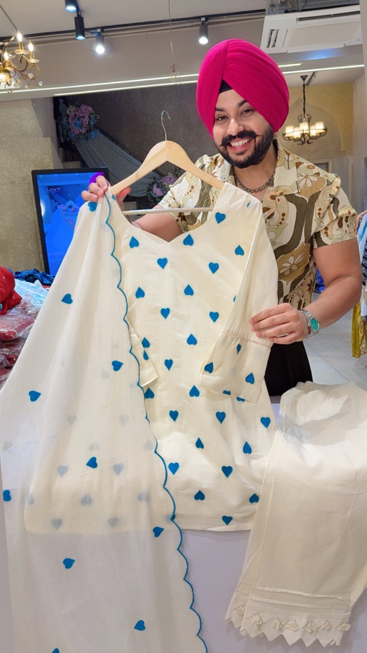 Off White & Firozi Kora Cotton Heart Embroidered Girish Indowestern Farshi Salwar Suit
