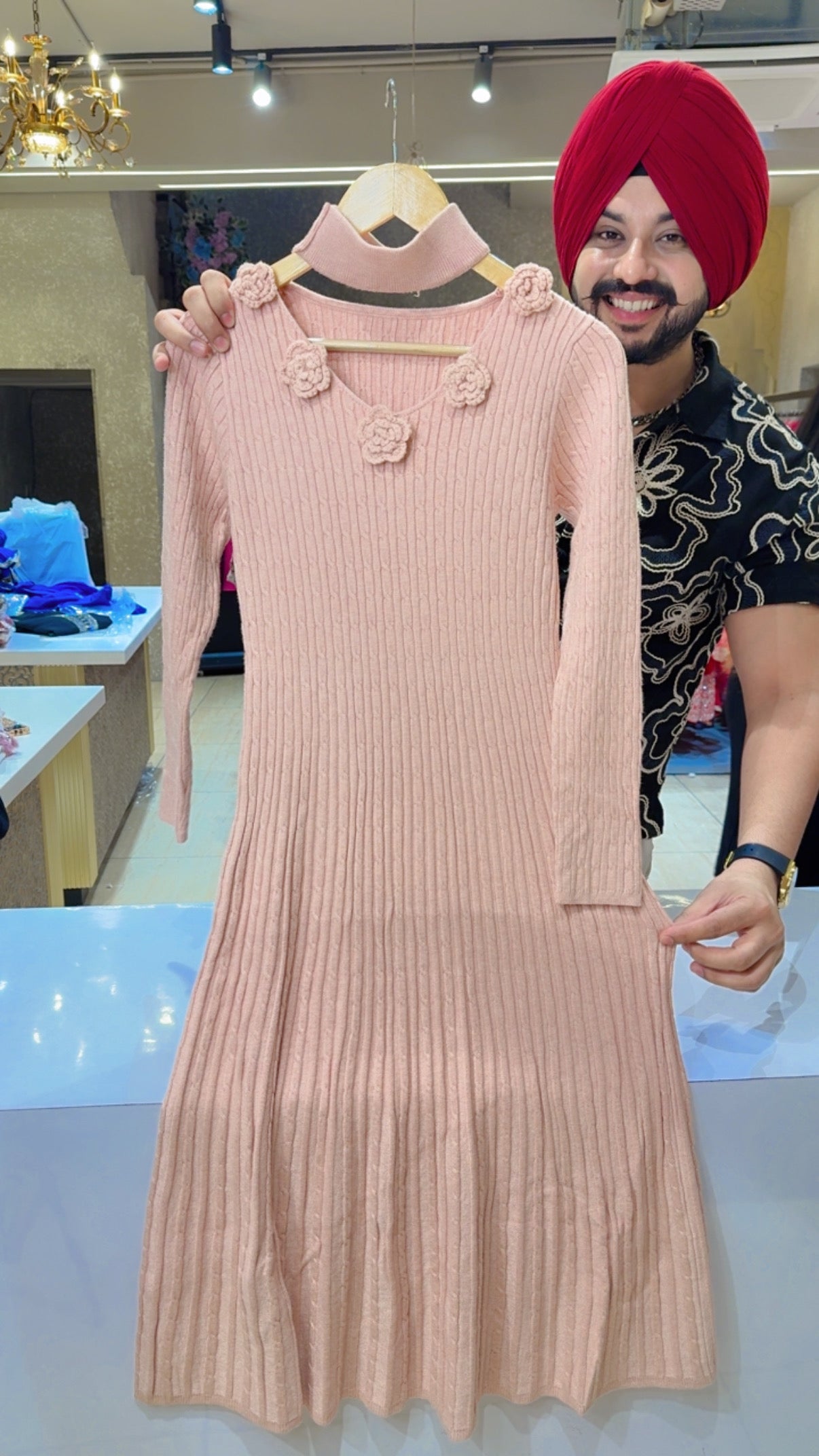 Nude Colour Imported Woolen Fully Strechable knee Length Dress with Stylish Neck Band
