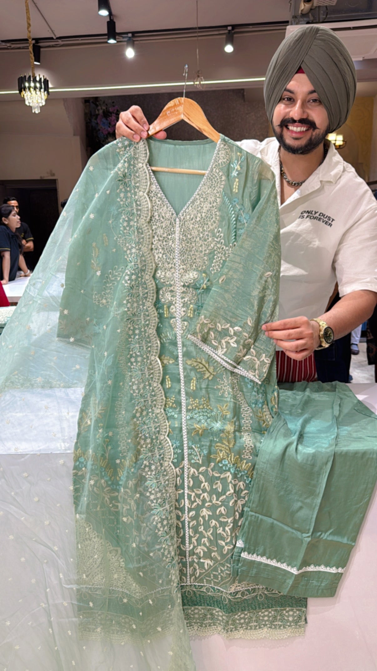 Light Sea Green Crush Shimmer Organza Heavy embroidered Kashmiri Suit with Beautiful Sequins Work Organza Duppata
