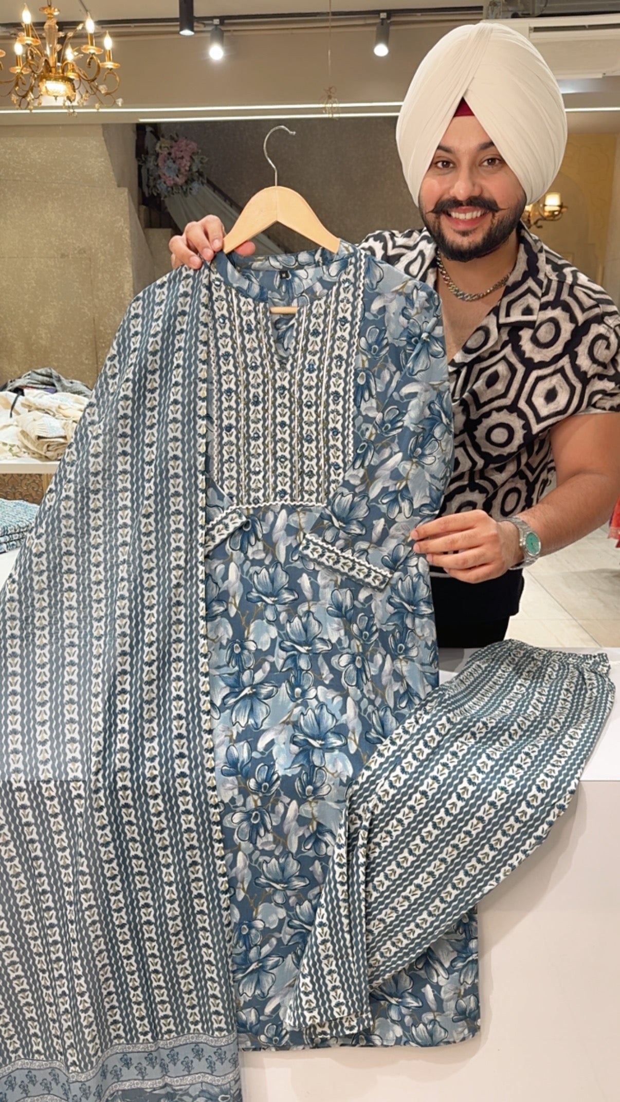 Blue Floral Print Office Wear Suit with sleek Embroidery Work on Neck