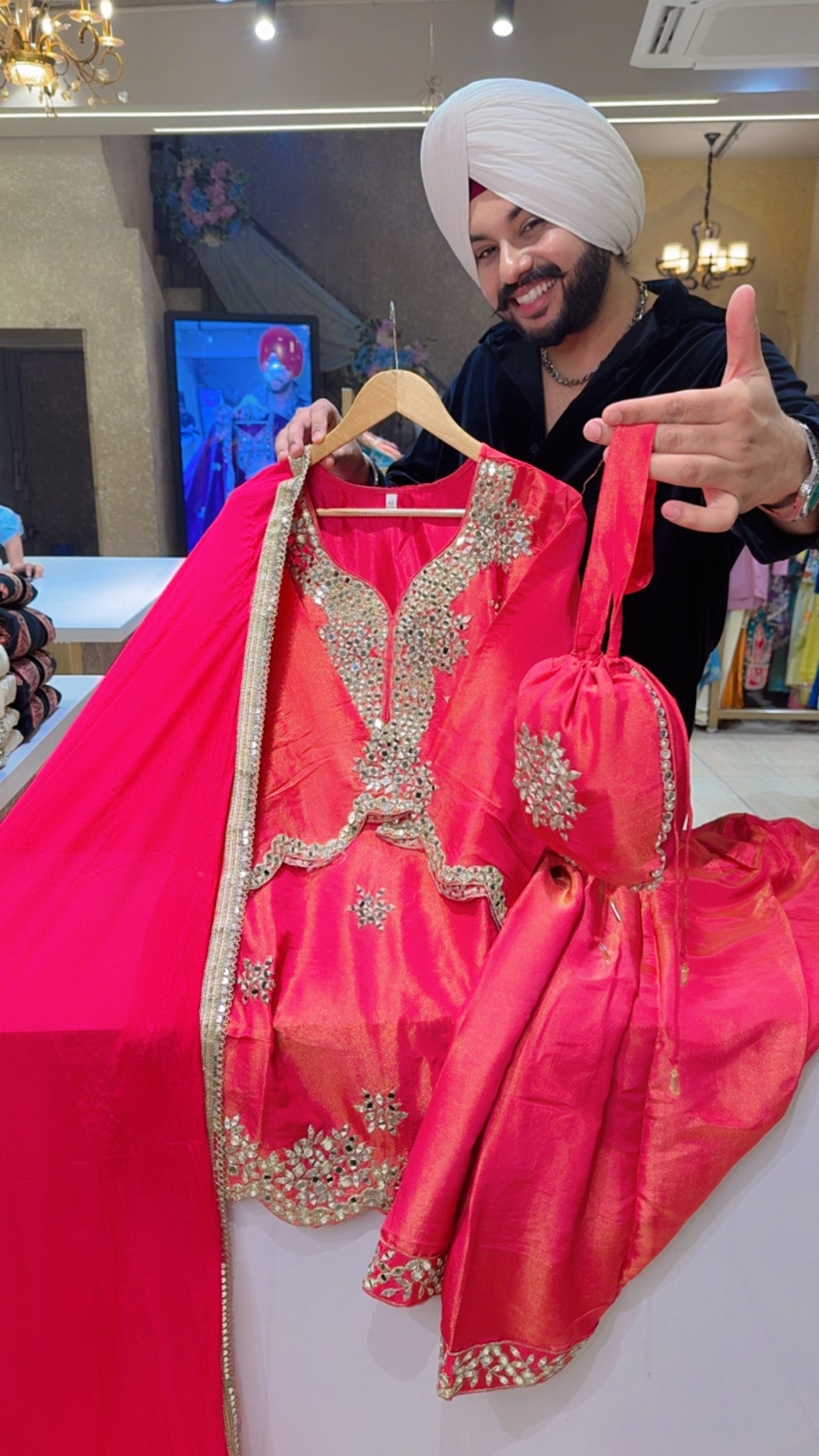 Hot pink Shimmer Silk Heavy mirror work PartyWear Salwar Suit with Cute Potli