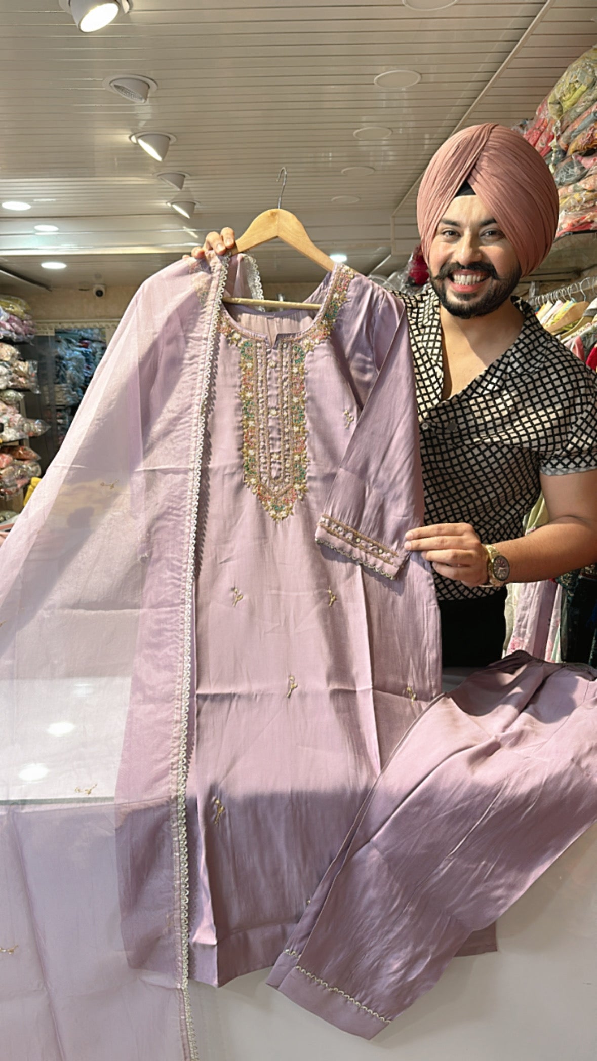 Mauve Roman silk Hand work suit with organza Duppata