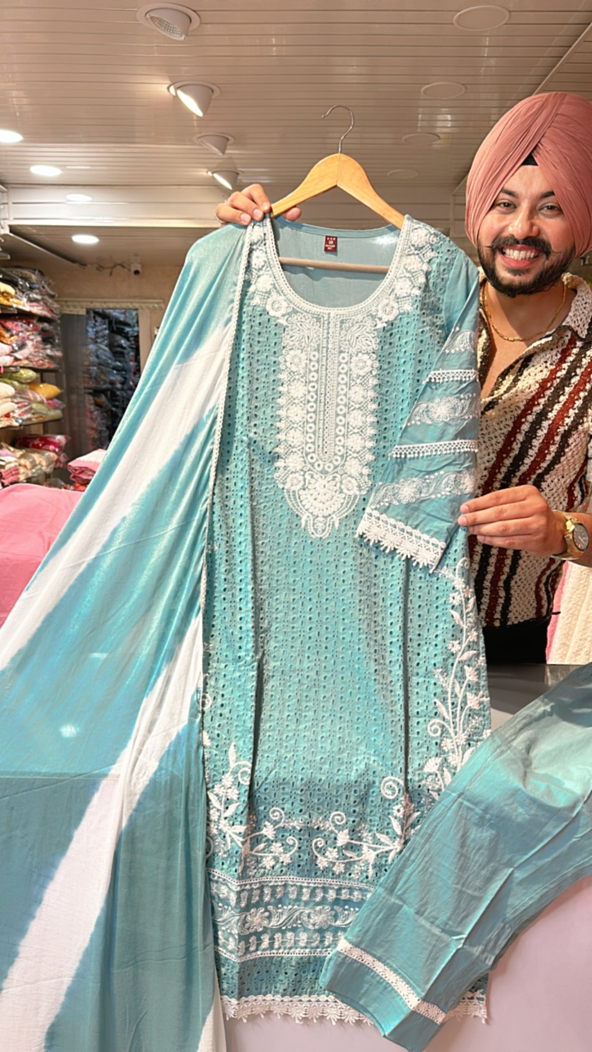 Sea blue Pure cotton Heavy Embroidered Pakistani Suit with Tie & Dye Duppata