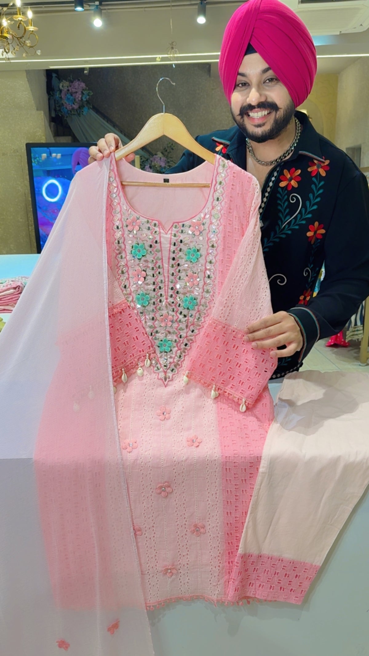 Baby Pink cotton Mirror & Floral Patchwork Party wear suit