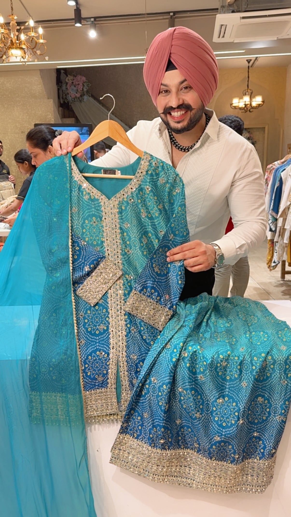 Sea Green & Blue Chinon Bandhej Print Beautiful Embroidered Party Wear Sharara Suit