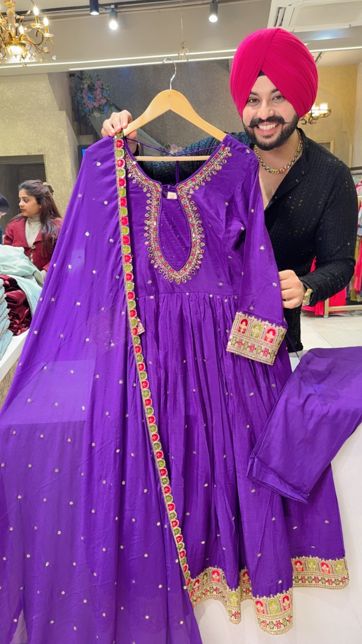 Purple Chinon Designer Neck Embroidered Party Wear Anarkali suit with Beautiful Duppata