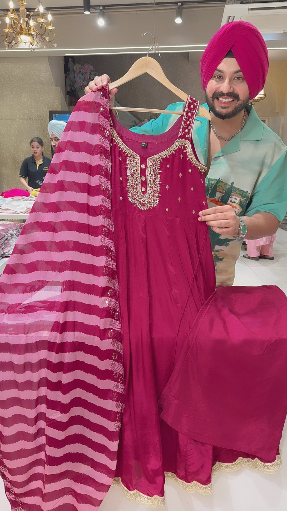 Dark Fushia Crepe Cutsleeves Hand embroidered Party Wear Anarkali Suit with Sequins Work Lehria Dupppata