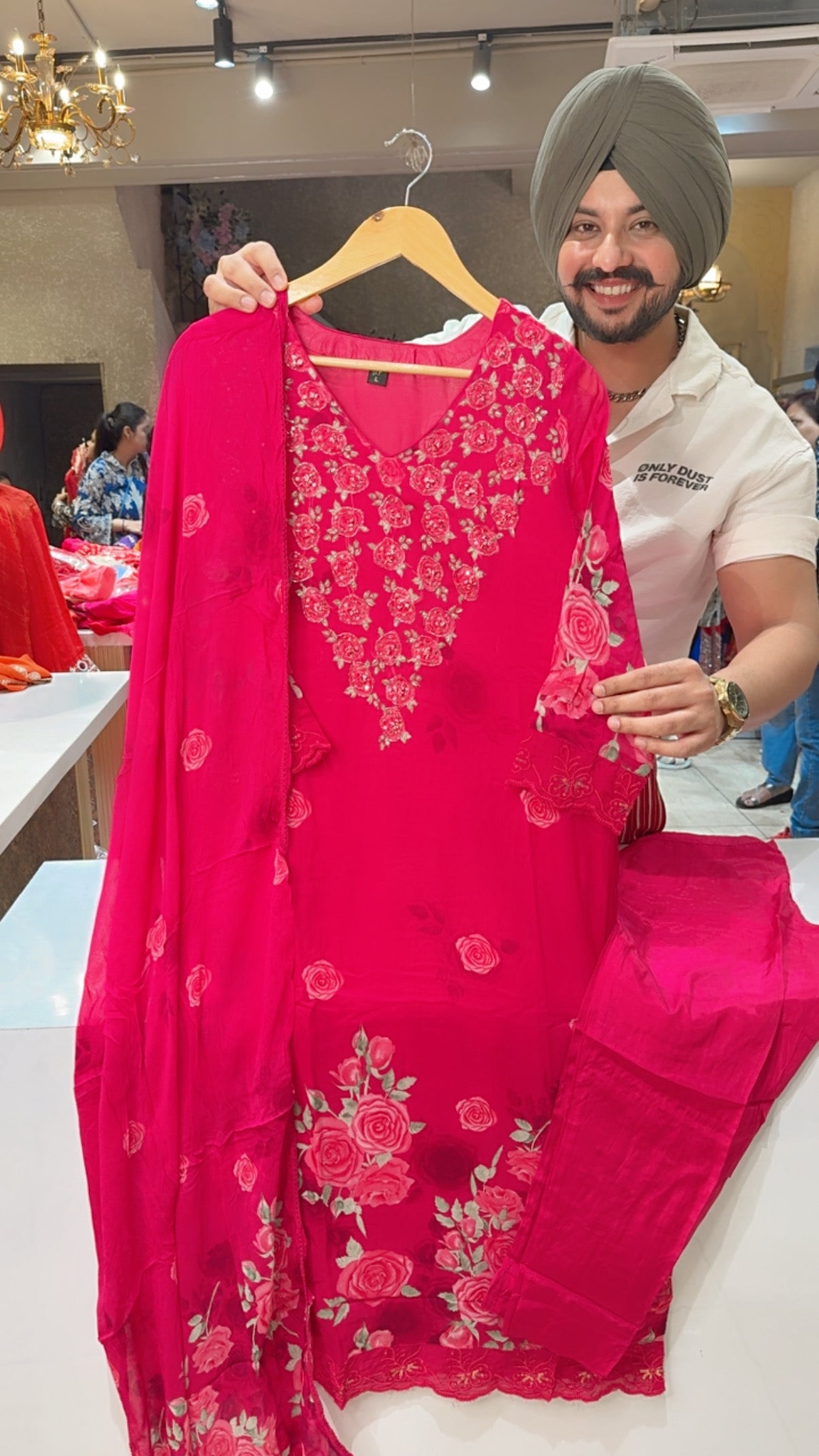 Hot Pink Georgette Floral Print Party Wear Straight Suit with Hand embroidery Work on neck