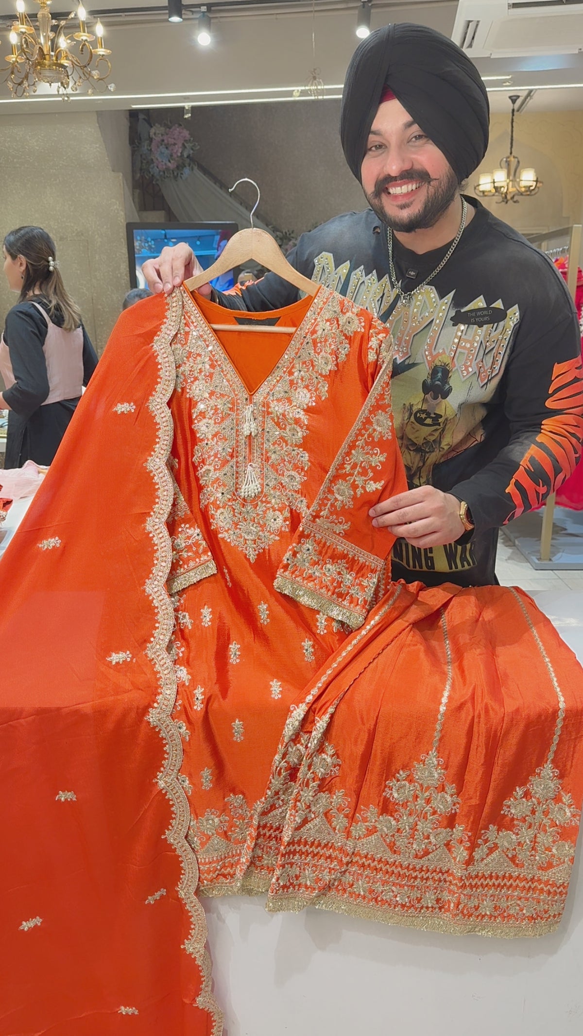 Orange Chinon Fully embroidered & Mirror Pasting Full Flair Sharara Suit