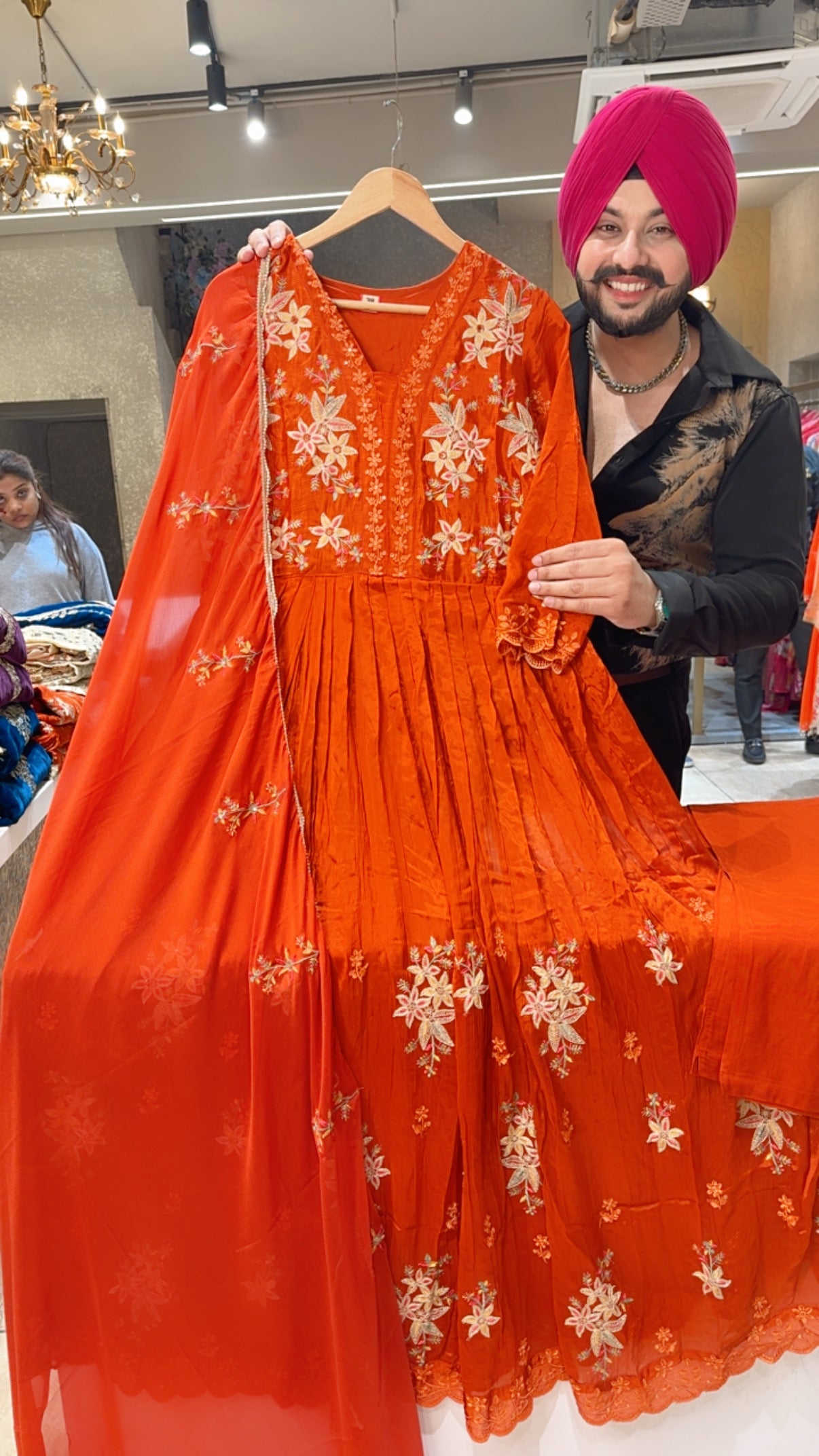 Rusty Orange Chinon Heavy Embroidered Full Flair Anarkali Suit with Beautiful embroidered Duppata