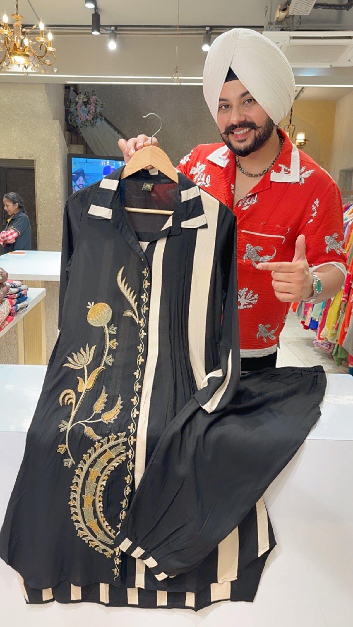 Black Rayon Collar Neck Embroidered Long Length Coord set with Stylish pathani Pants